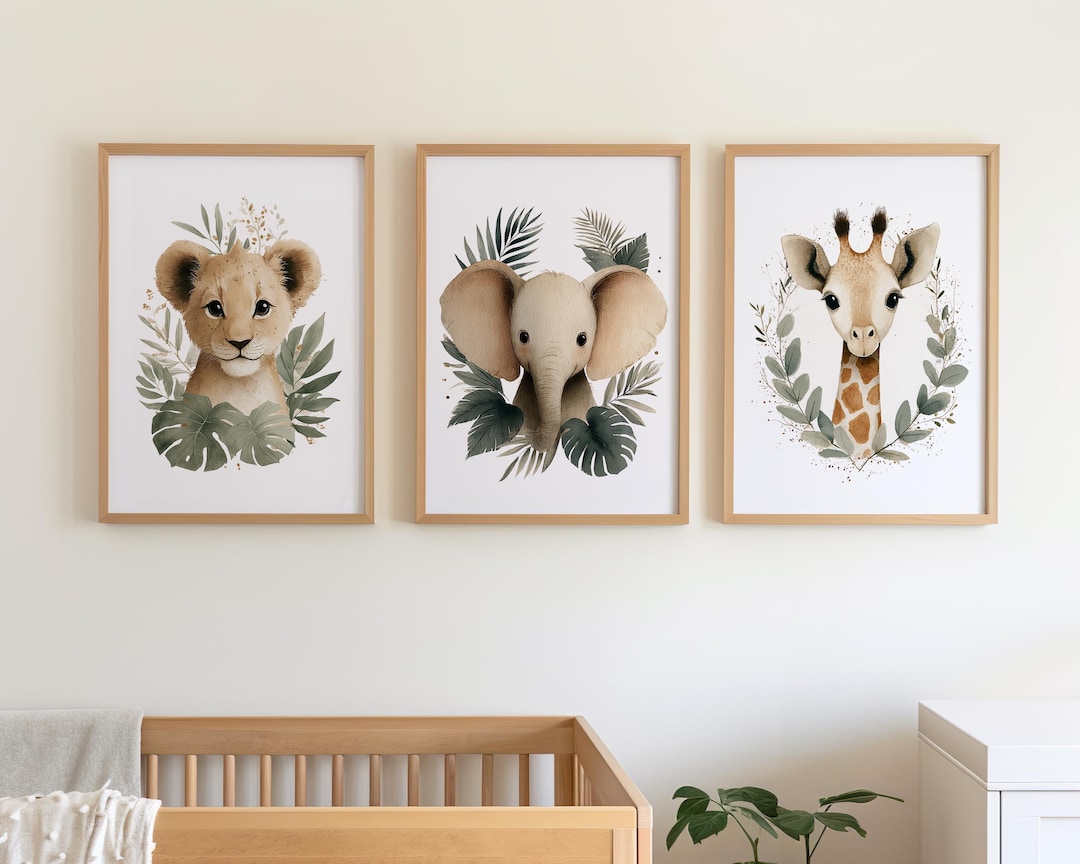 Safari Animal Prints Set of 3, Lion Elephant Giraffe Nursery Wall Art ...