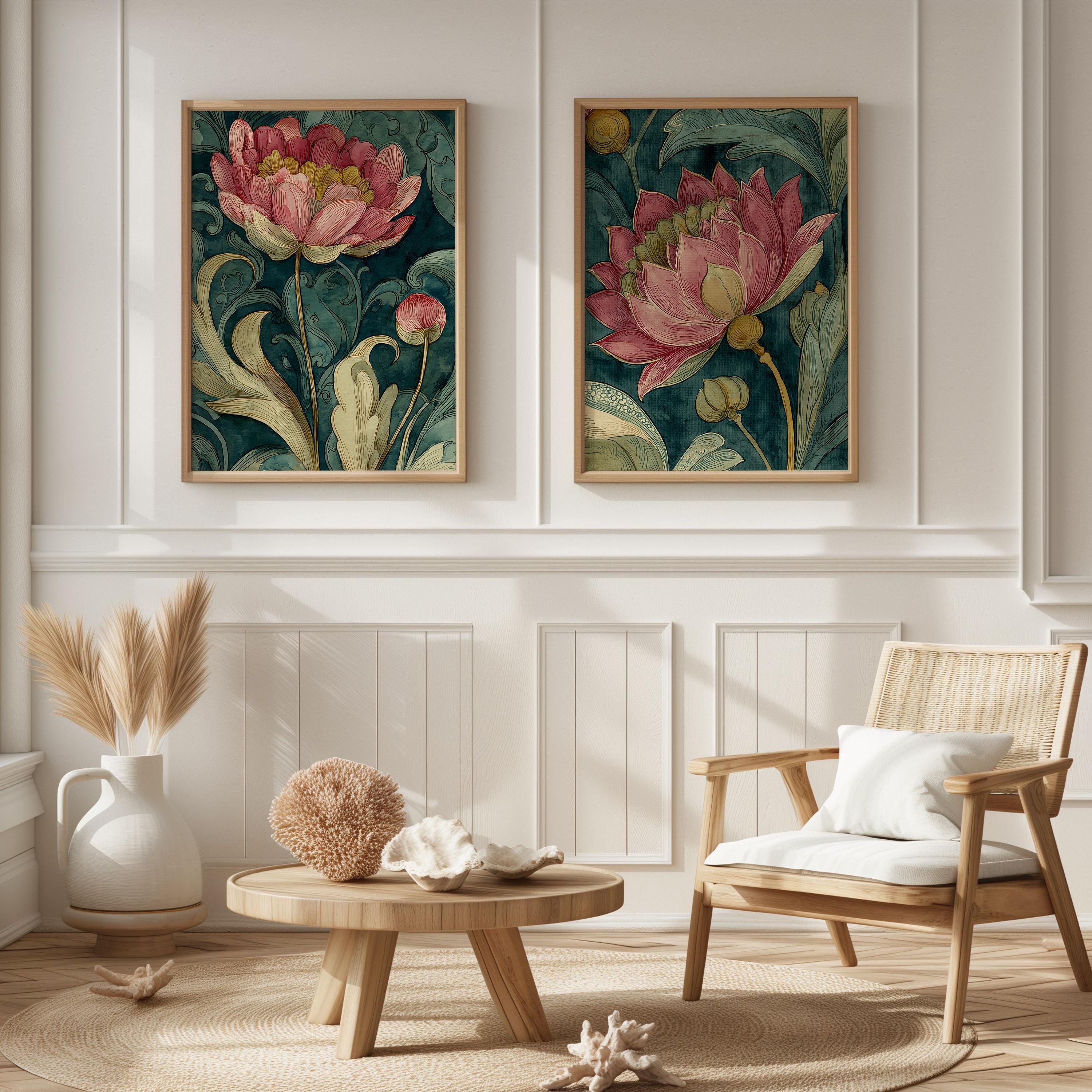 Art Nouveau Lotus Flower Print Set of 2, Dark Teal Botanical Wall Art ...