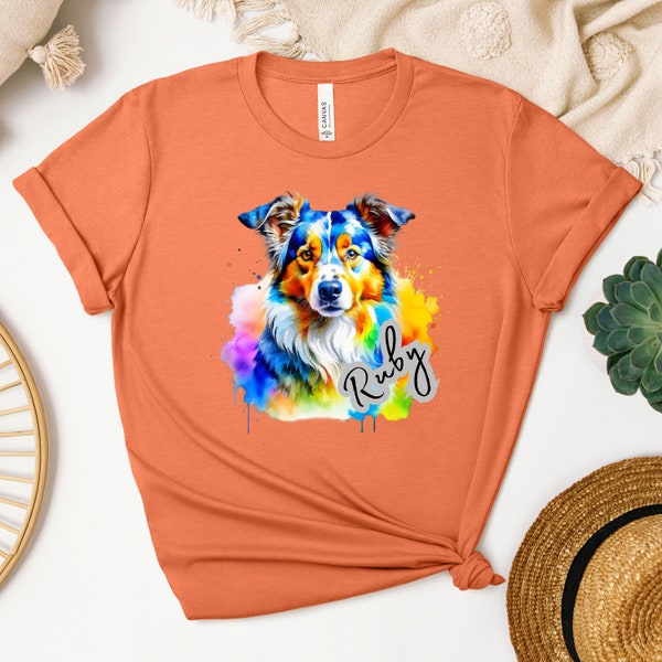 Personalized Australian Shepherd Watercolor tshirt, Aussie Cattle Dog Portrait Shirt, Miniature Aussie Dog gift for Aussie Mama, Aussie Art