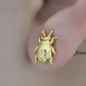 925 Sterling Silver Beetle Stud Earrings, Handmade Insect Jewelry, Dainty Nature Earrings
