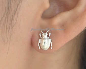 Pendientes de escarabajo de plata 925, pendientes de botón del antiguo Egipto, joyería inspirada en la naturaleza.