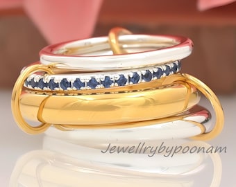 Bague multibrins en argent sterling 925 avec connecteur diamant ; bague empilable (ensemble de 4).