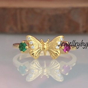 14k Gold Plated Butterfly Ring: Emerald, Ruby & CZ Sterling Silver