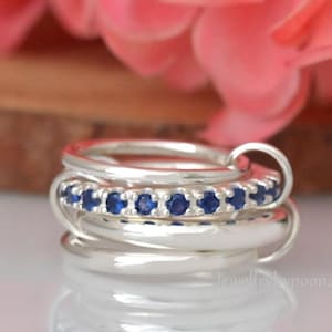 925 Silver Multi Link Ring Set, Blue Sapphire Connector Band, Modern Statement Stackable Jewelry