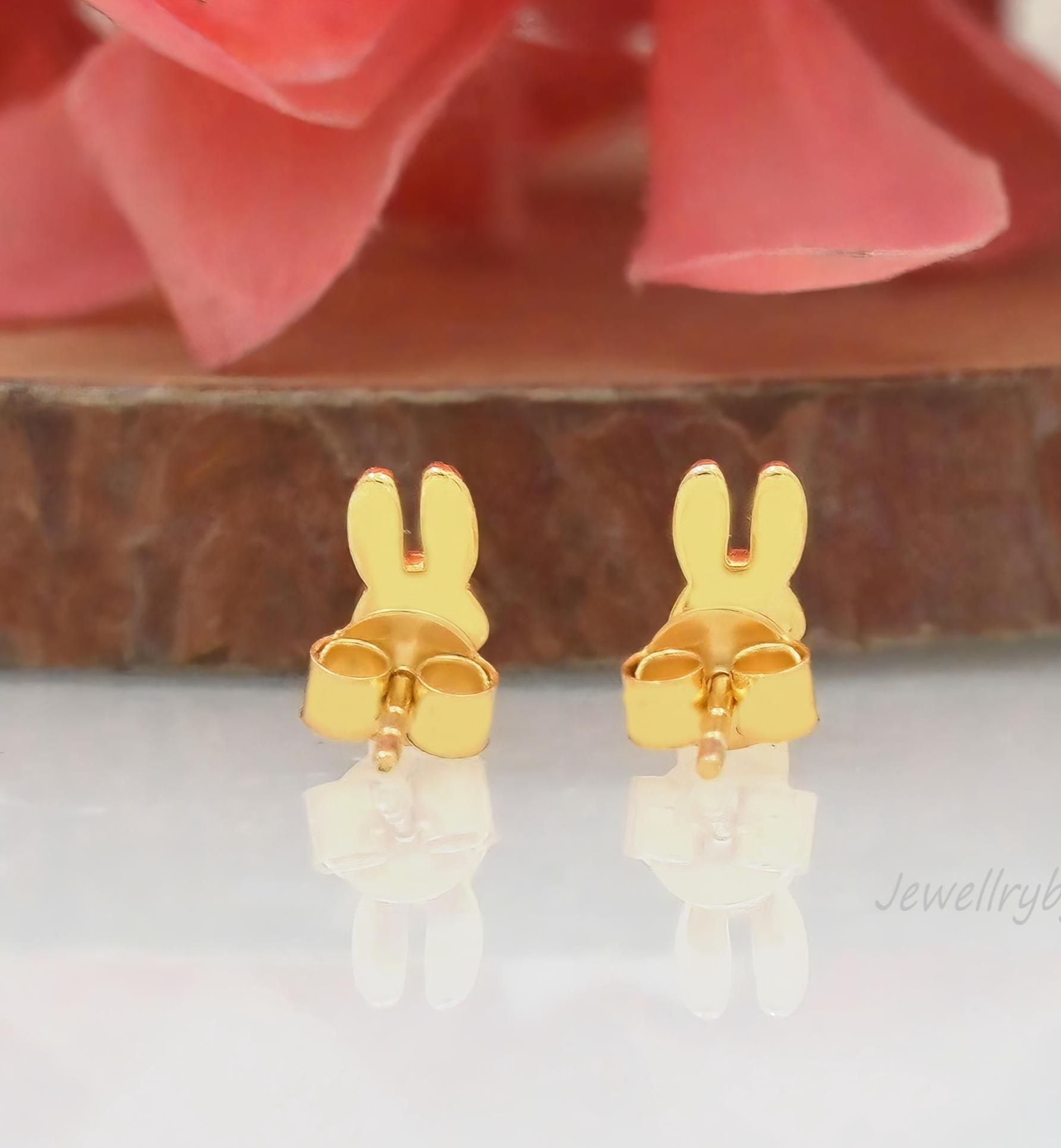 9k/14k Gold & 925 Sterling Silver Bunny Stud Earrings — Tiny Rabbit Jewelry - View 4 - Jewelry By Poonam | SKU: PJE1710-SLYG-