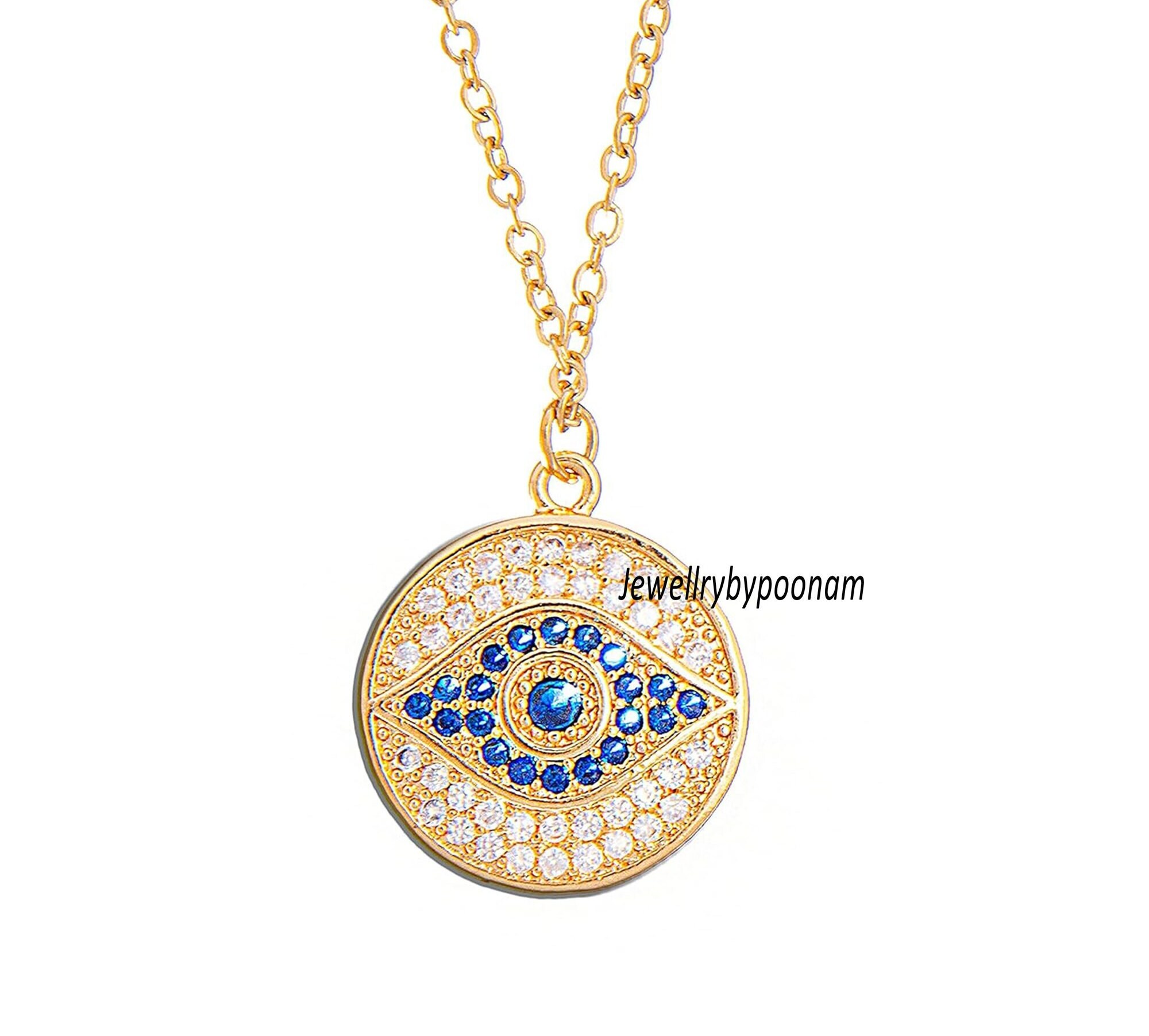 Blue Sapphire CZ Evil Eye Pendant: Sterling Silver Protection Charm - View 2 - Jewelry By Poonam | SKU: PJP3403-SLYGCZBSP-30M