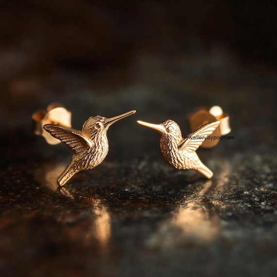 14k Gold Hummingbird Stud Earrings: Tiny Bird Studs