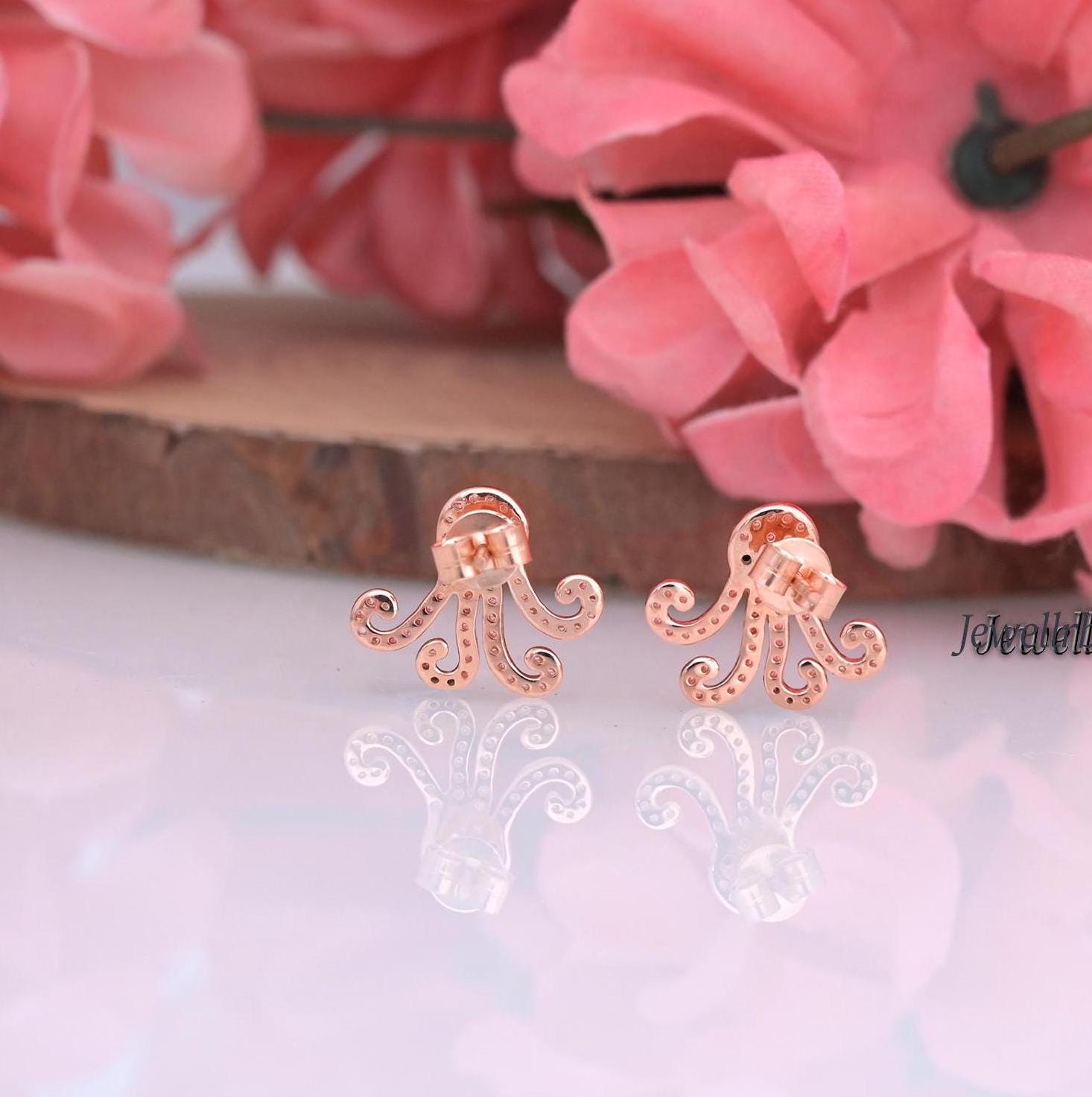 9k/14k Gold & 925 Sterling Silver Octopus Stud Earrings With CZ Black Spinel Eyes - View 3 - Jewelry By Poonam | SKU: PJE1720