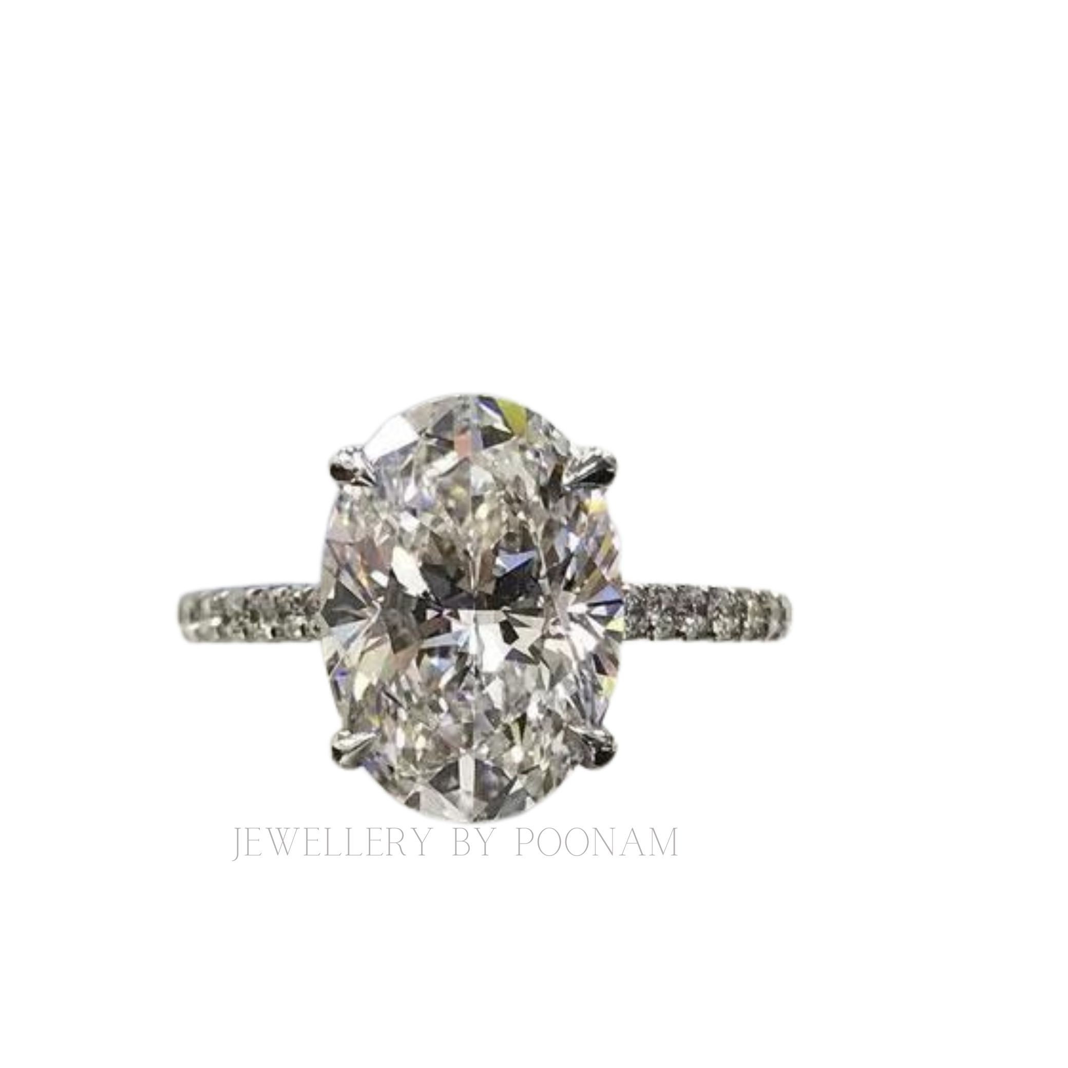 Oval Cut Simulated Diamond Engagement Ring – Sterling Silver White Gold Plated Bridal Ring - Jewelry By Poonam | SKU: R-1161