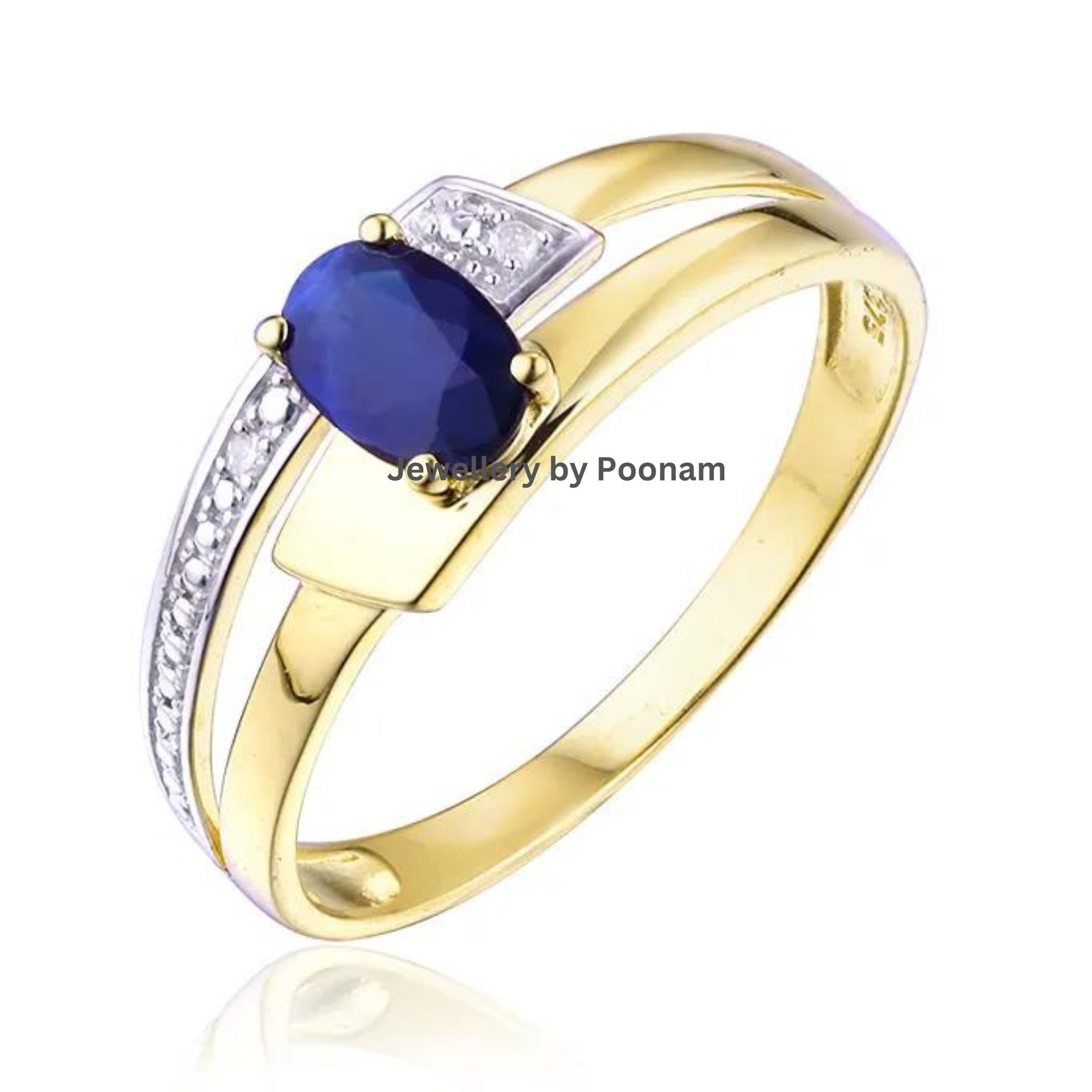 Blue Sapphire Moissanite 925 Gold Plated Wedding Ring - Jewelry By Poonam | SKU: R-1061