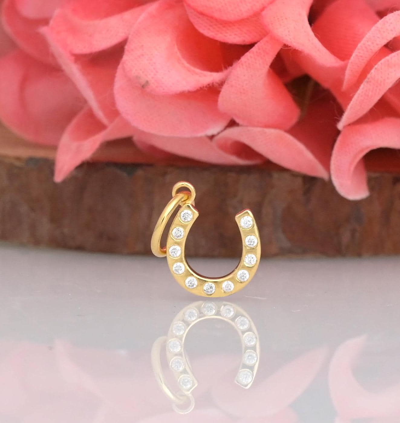 14K Gold Horseshoe Charm: Diamond Horse Pendant - Jewelry By Poonam | SKU: PJP4164-14kYGEM-20M 2/26