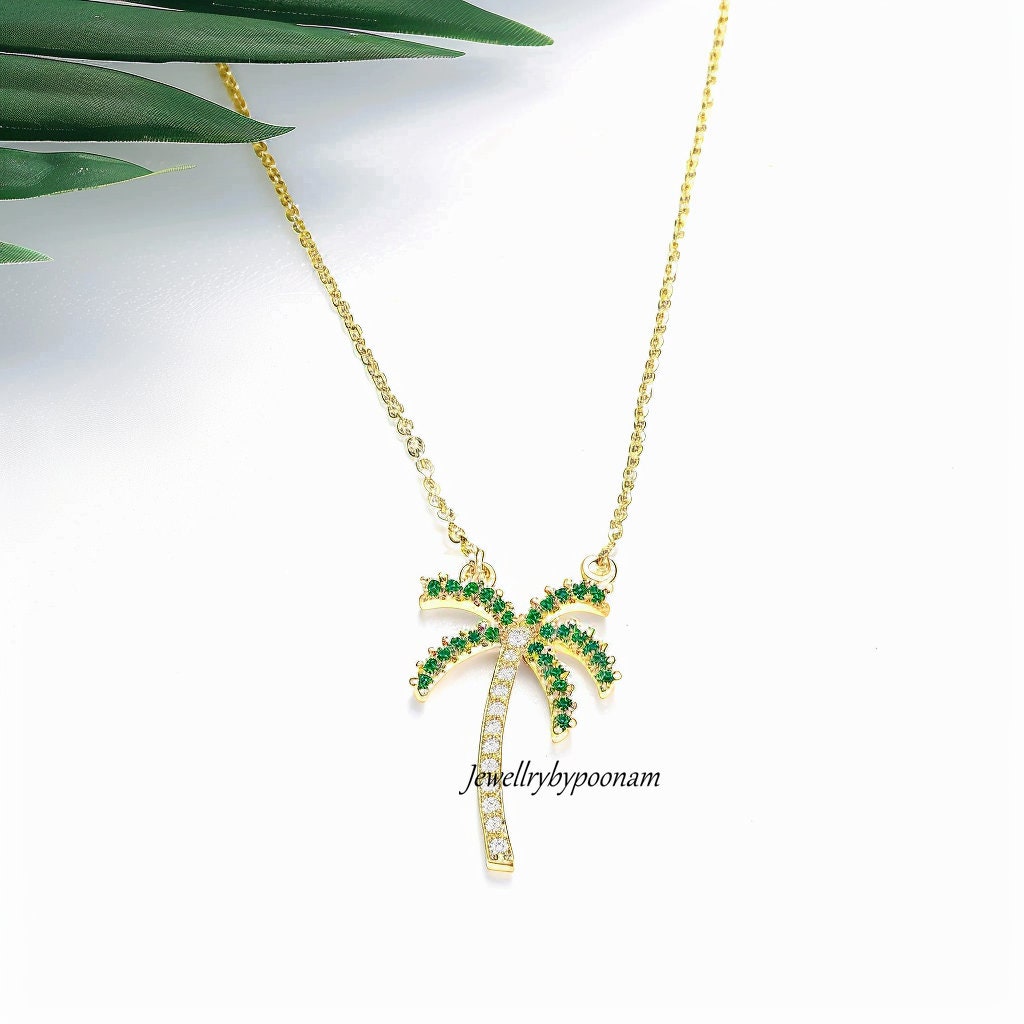 14K Gold Plated Palm Tree Pendant: Emerald & CZ Sterling Silver - Jewelry By Poonam | SKU: PJP