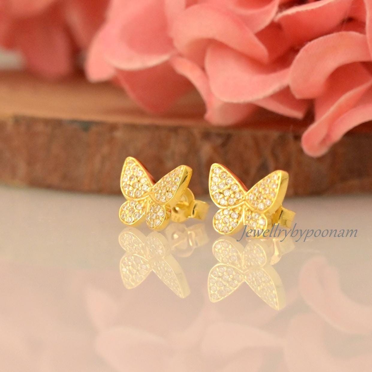 Butterfly Cubic Zirconia Stud Earrings – 9k/14k Gold, 925 Silver - Jewelry By Poonam | SKU: PJE1793-SLNSCZ-12M 2/2026
