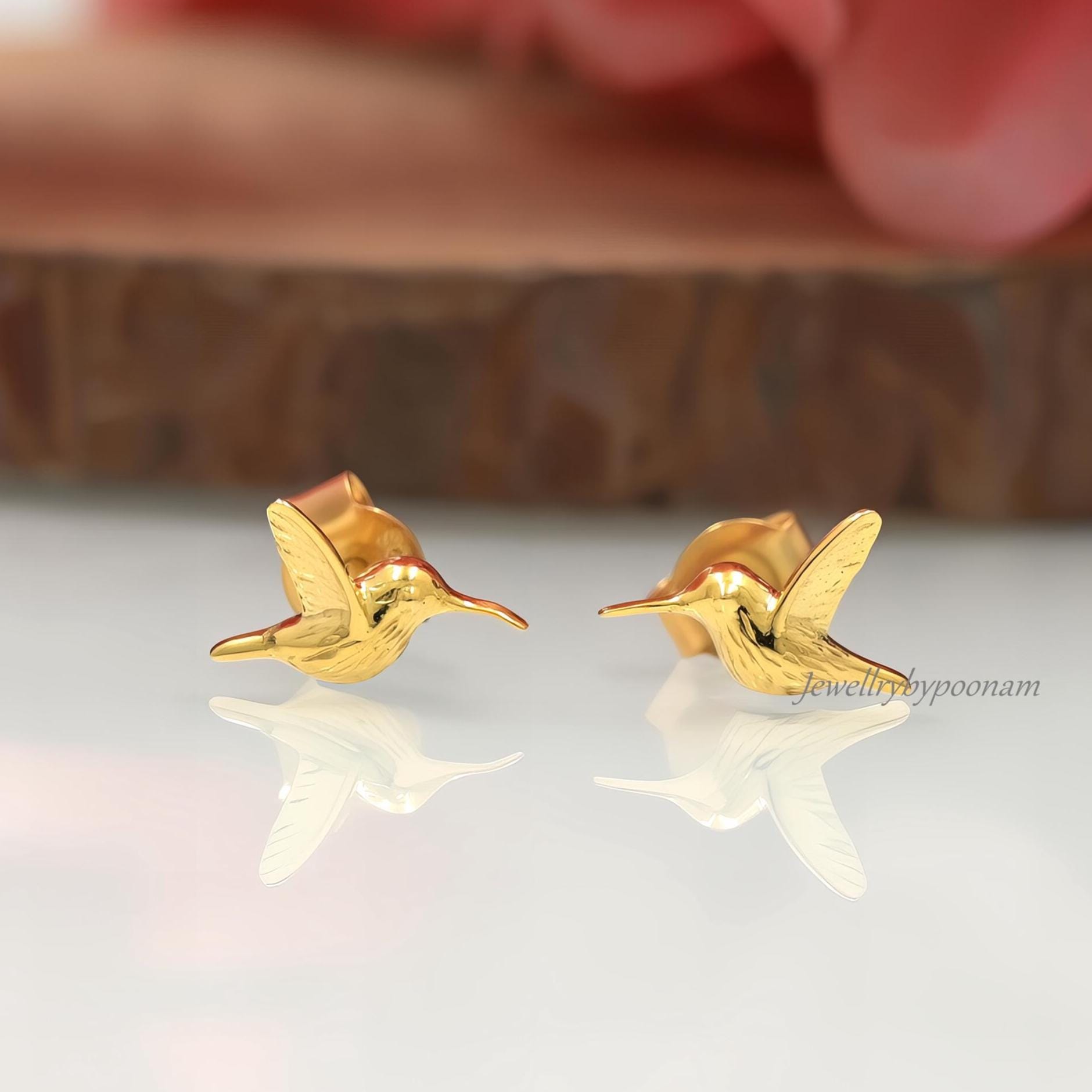 925 Sterling Silver Hummingbird Stud Earrings: Tiny Bird Studs - Jewelry By Poonam | SKU: PJE1713-SLYG-10M 2/26
