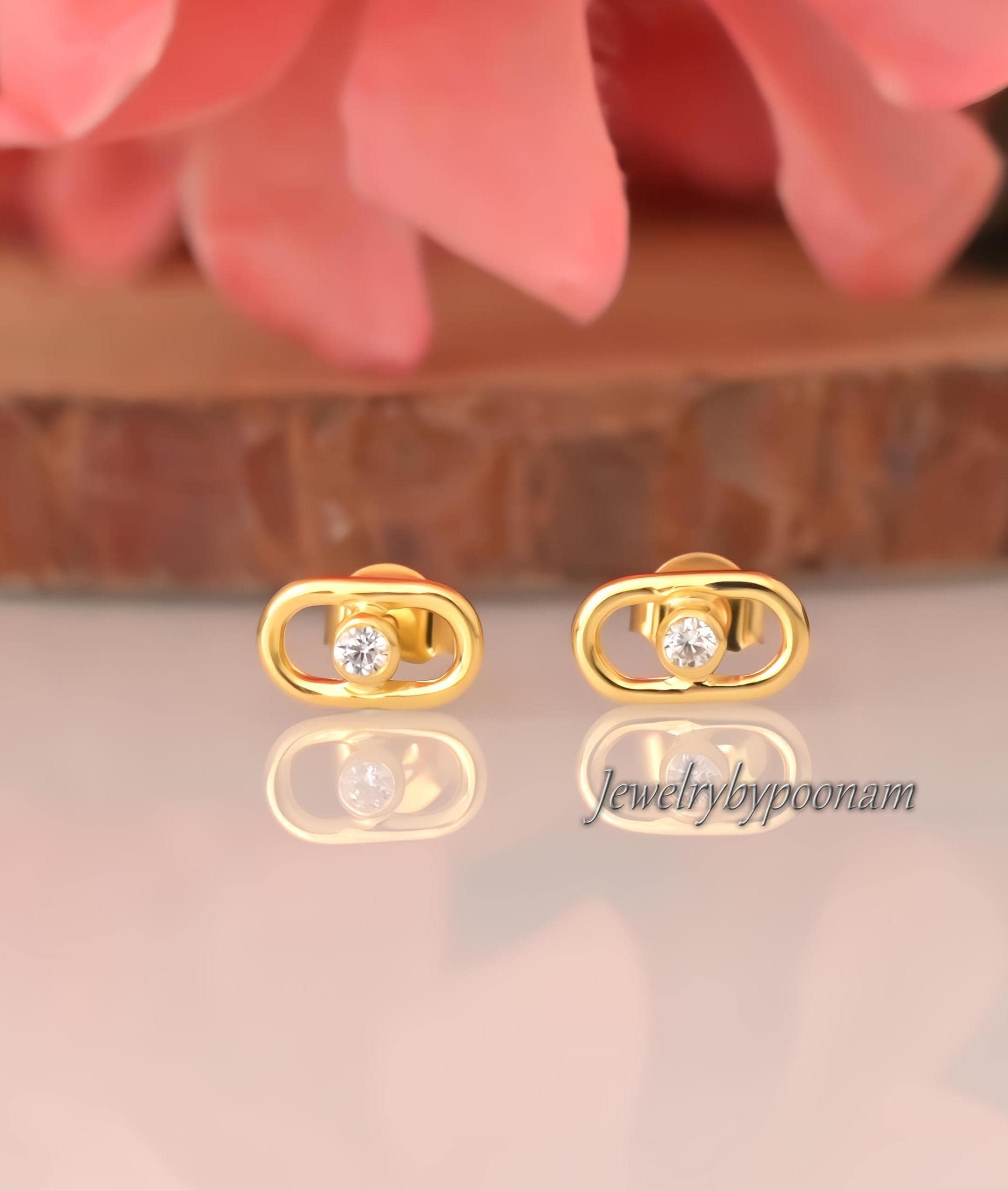 925 Sterling Silver Paperclip Stud Earrings With CZ: Dainty Diamond Accent - Jewelry By Poonam | SKU: PJE1864-SLYGCZ-10M 2/26