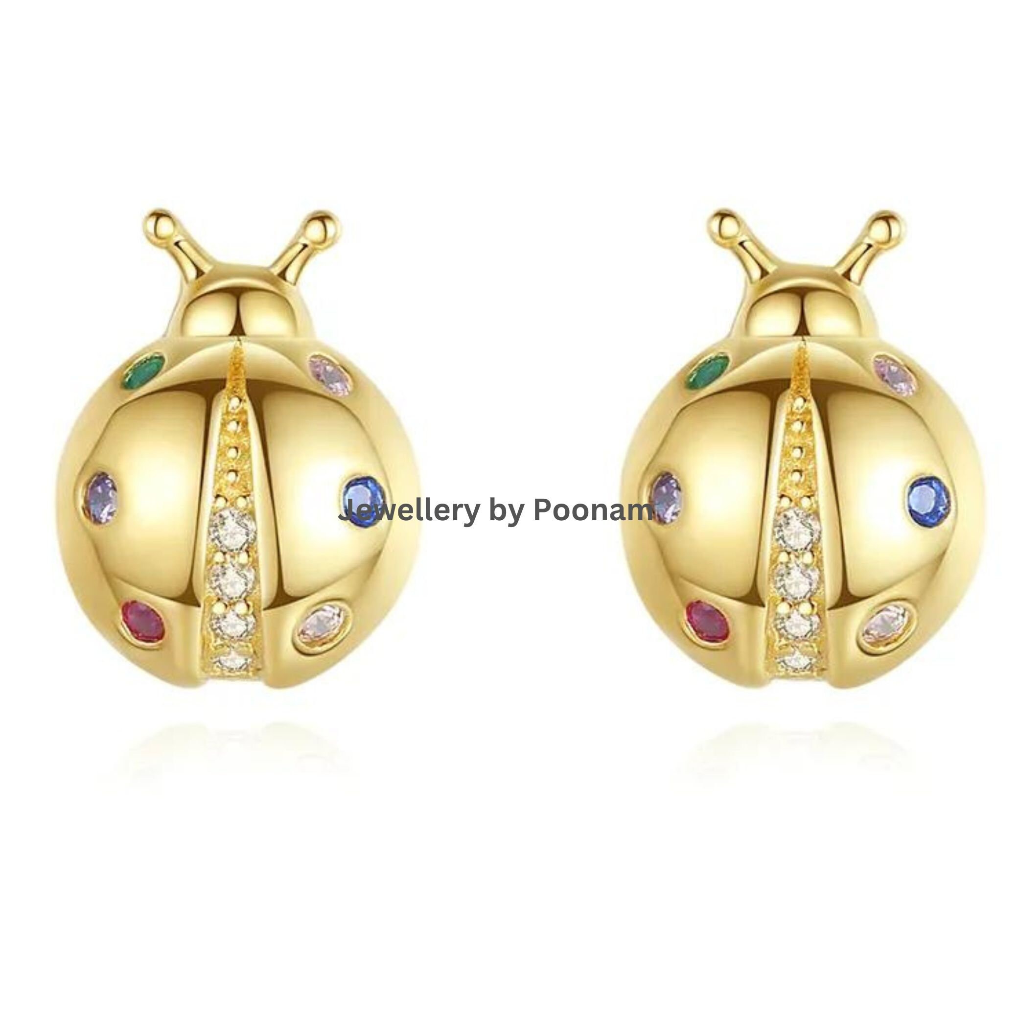 Ladybug Stud Earrings β 9K/14K Gold, Sterling Silver, Multi-Color CZ Animal Jewelry - View 2 - Jewelry By Poonam | SKU: MJE25