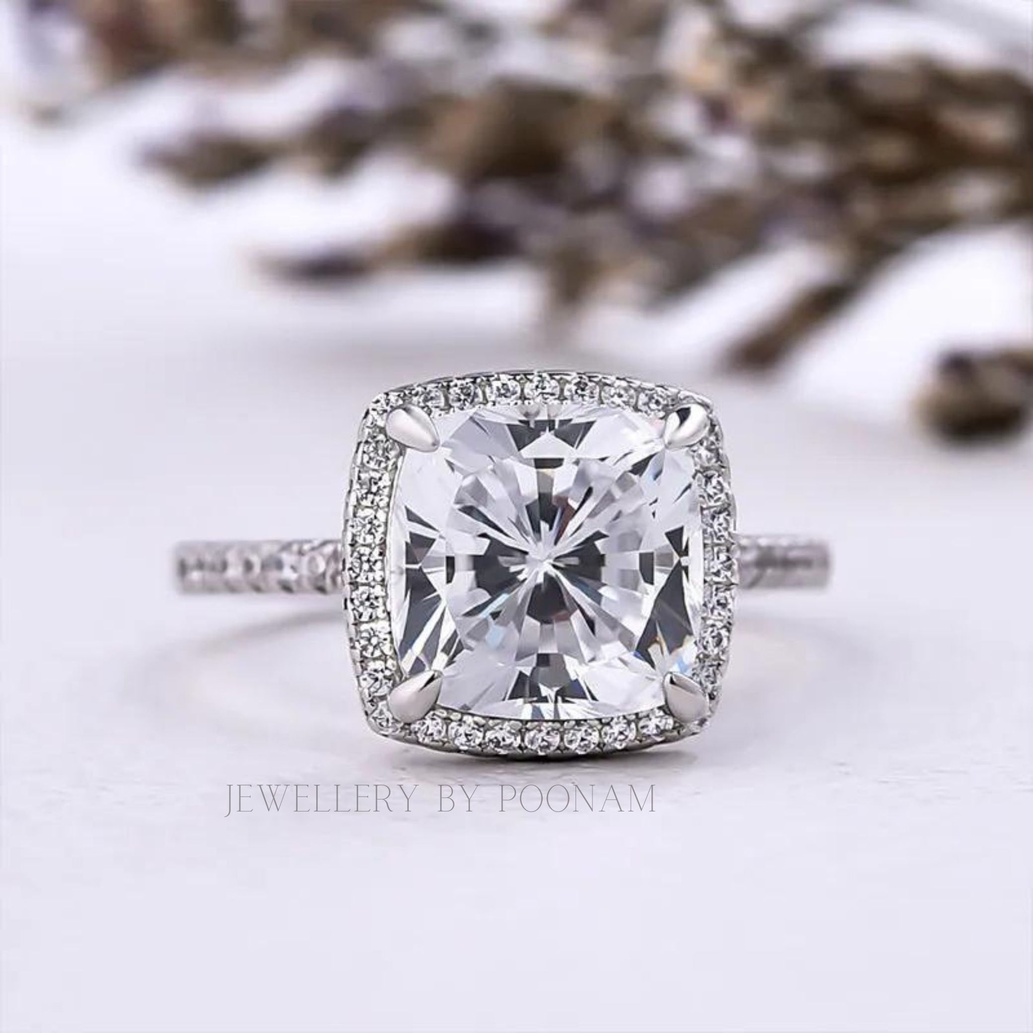 925 Sterling Silver Cushion Cut Moissanite Halo Engagement Ring – Elegant Wedding Ring for Women - View 3 - Jewelry By Poonam