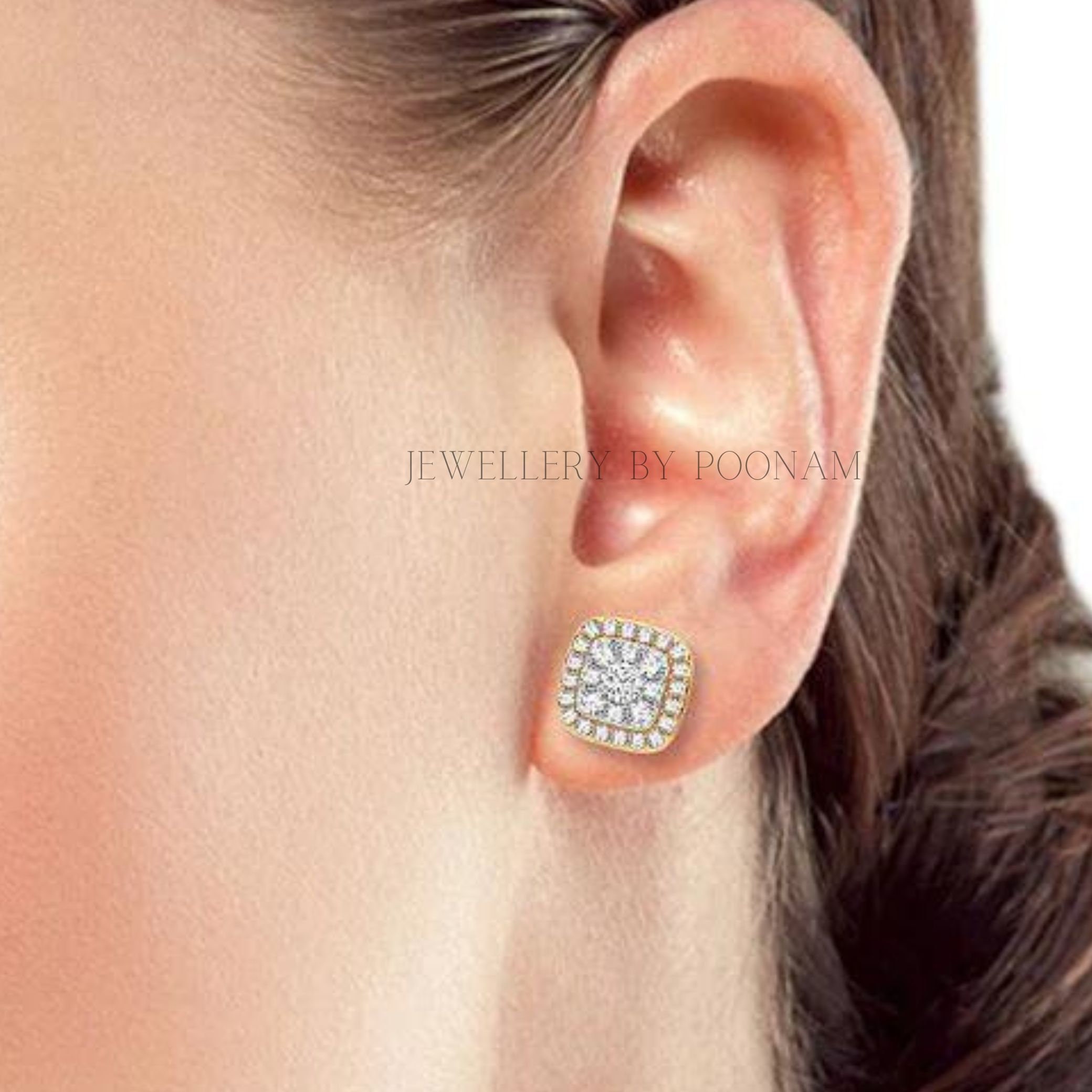 14K Gold Moissanite Cubic Zirconia Halo Earrings: 10mm Square Studs - View 2 - Jewelry By Poonam | SKU: E-128