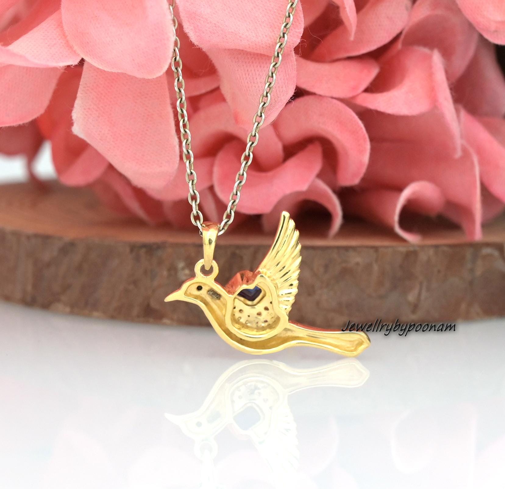 14k Gold Gemstone Bird Pendant: Sterling Silver Turquoise Jewelry - View 2 - Jewelry By Poonam | SKU: PJP4242-SLYGBSPCZBS-25M