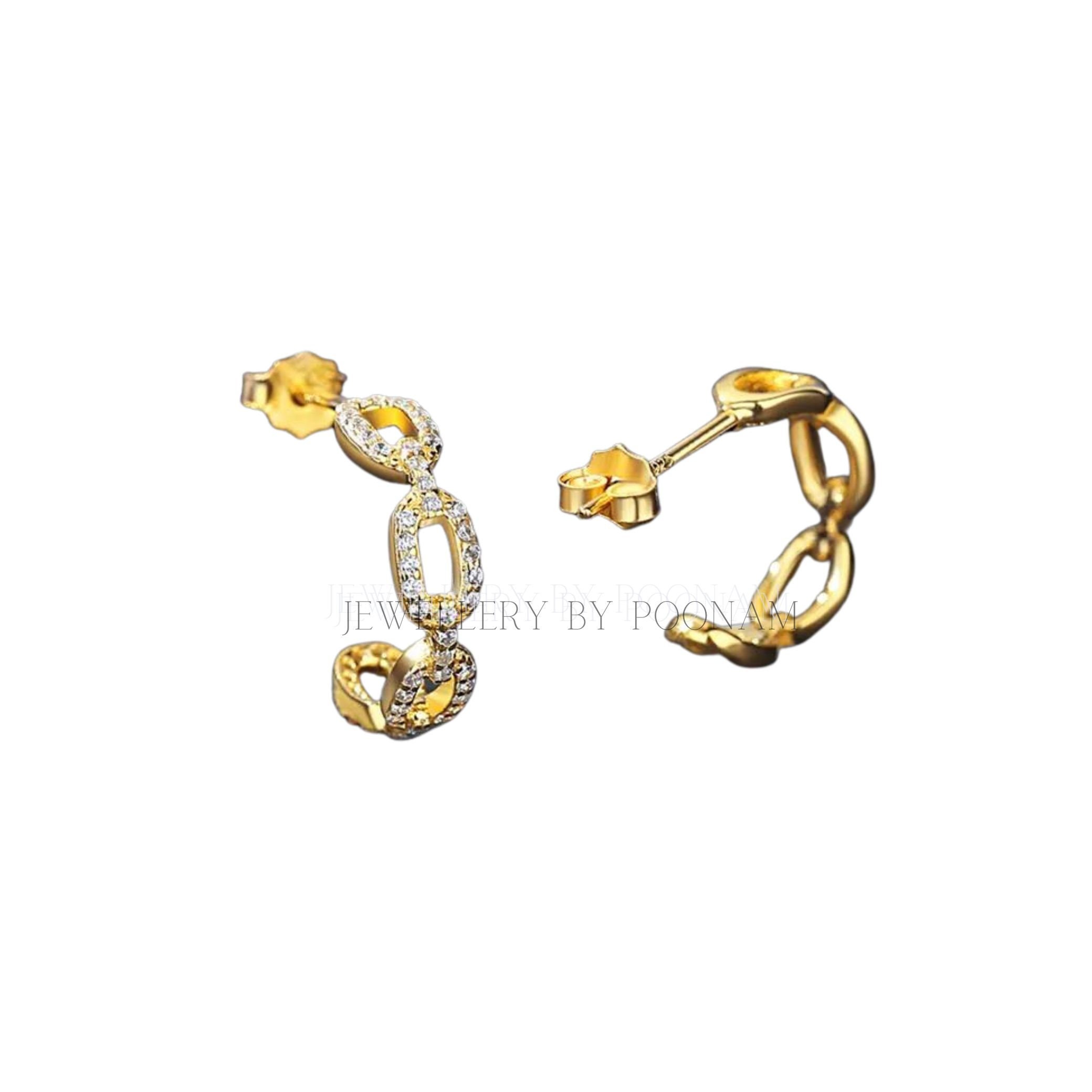 Chain Link Hoop Earrings with Asymmetric CZ Accents | Modern Statement Jewelry - View 3 - Jewelry By Poonam | SKU: E-103