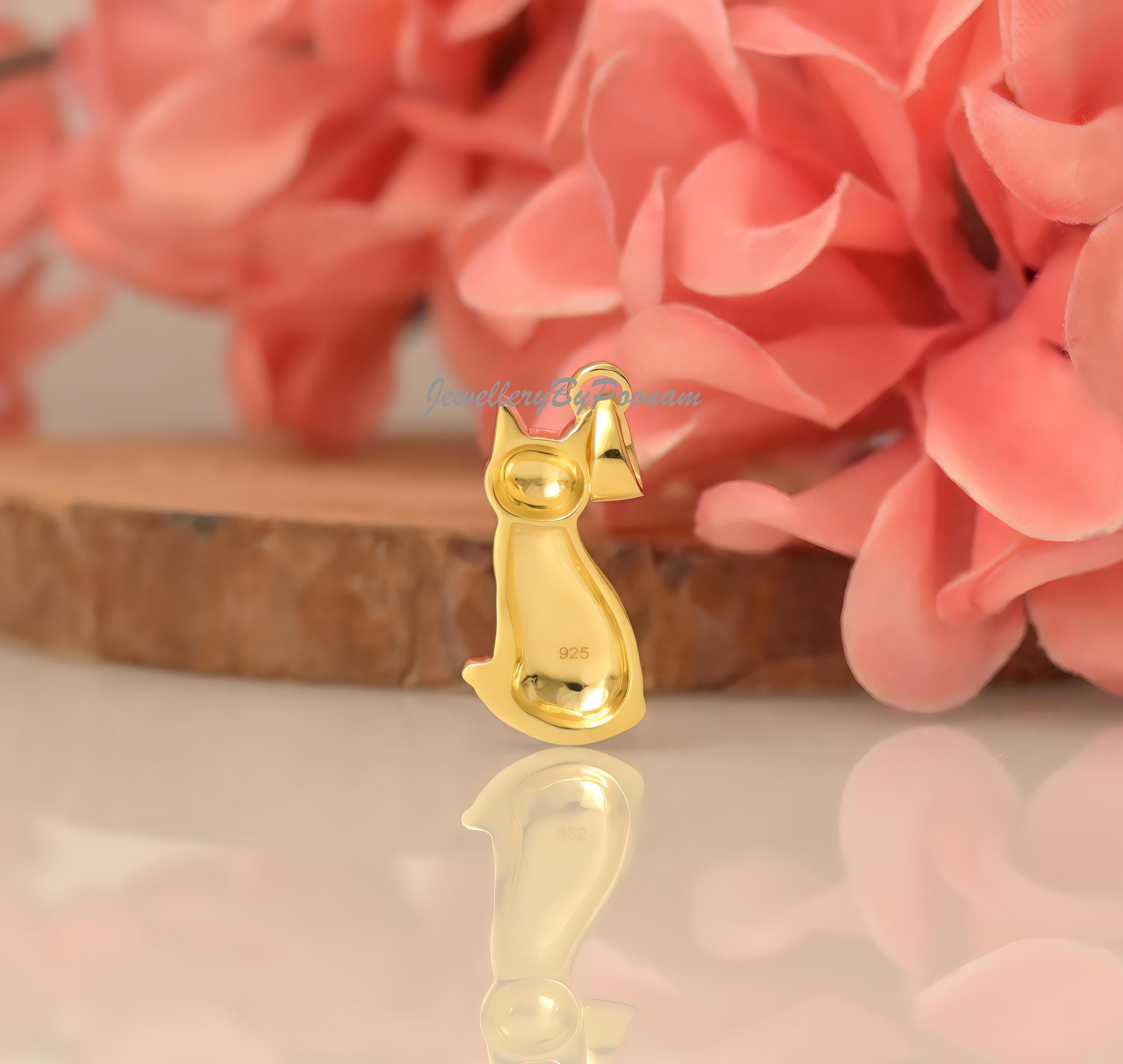 14k Gold Plated Cat Pendant: 925 Sterling Silver Dainty Kitten Charm - View 2 - Jewelry By Poonam | SKU: PJP4669-SLYG-20M 2/2