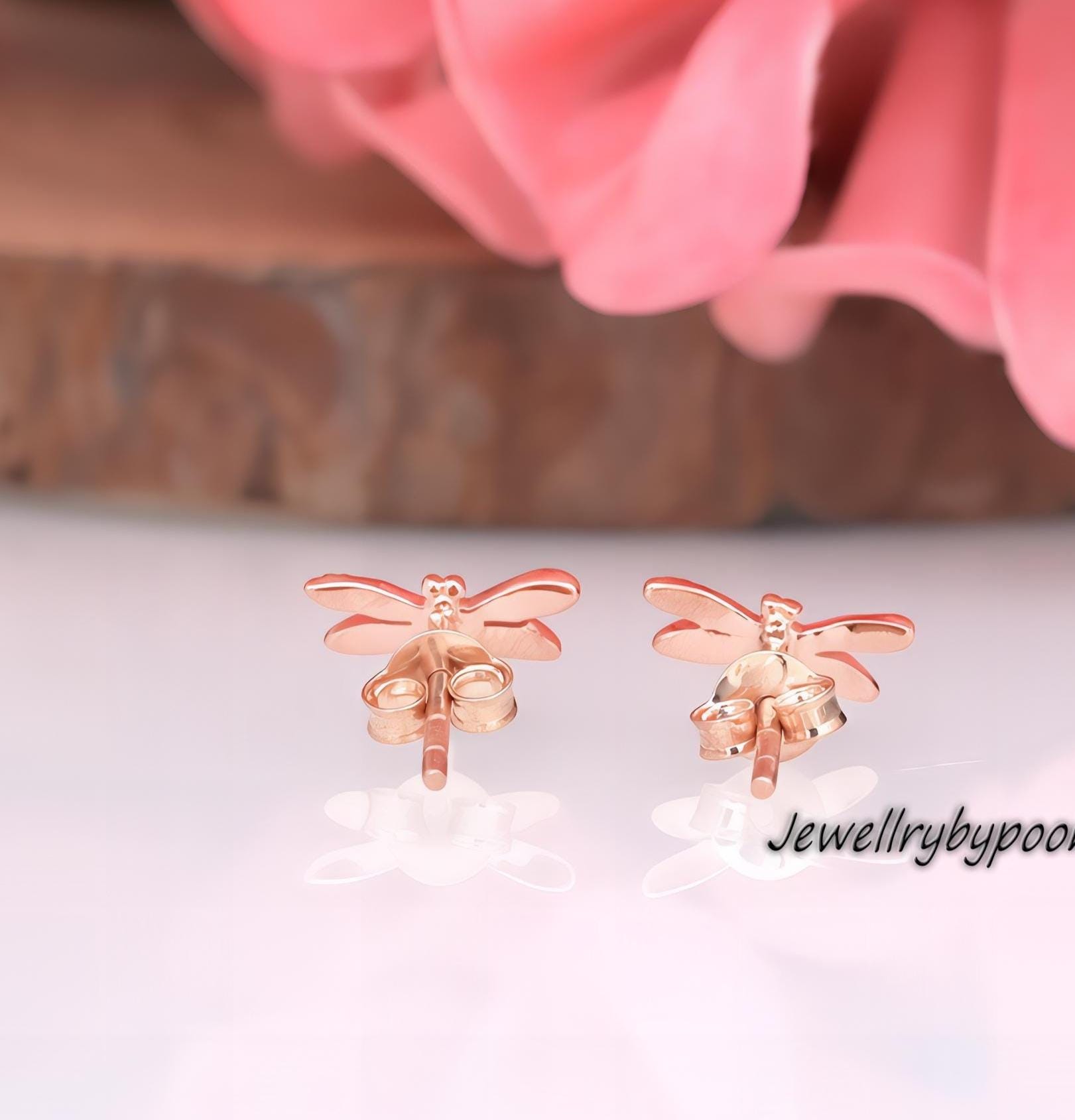 Dragonfly Stud Earrings – 9K Gold or Sterling Silver, Dainty Nature Jewelry - View 4 - Jewelry By Poonam | SKU: PJE1724-SLYG-