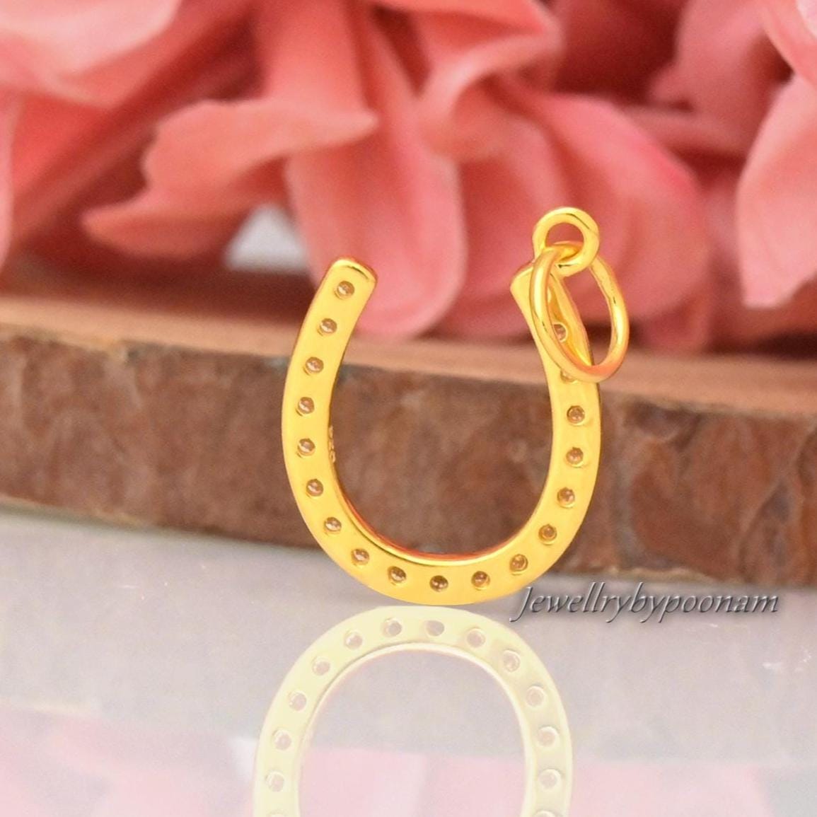 14K Gold Diamond Horseshoe Charm: Dainty Lucky Pendant - View 2 - Jewelry By Poonam | SKU: PJP4782-SLYGCZ-30M 2/26
