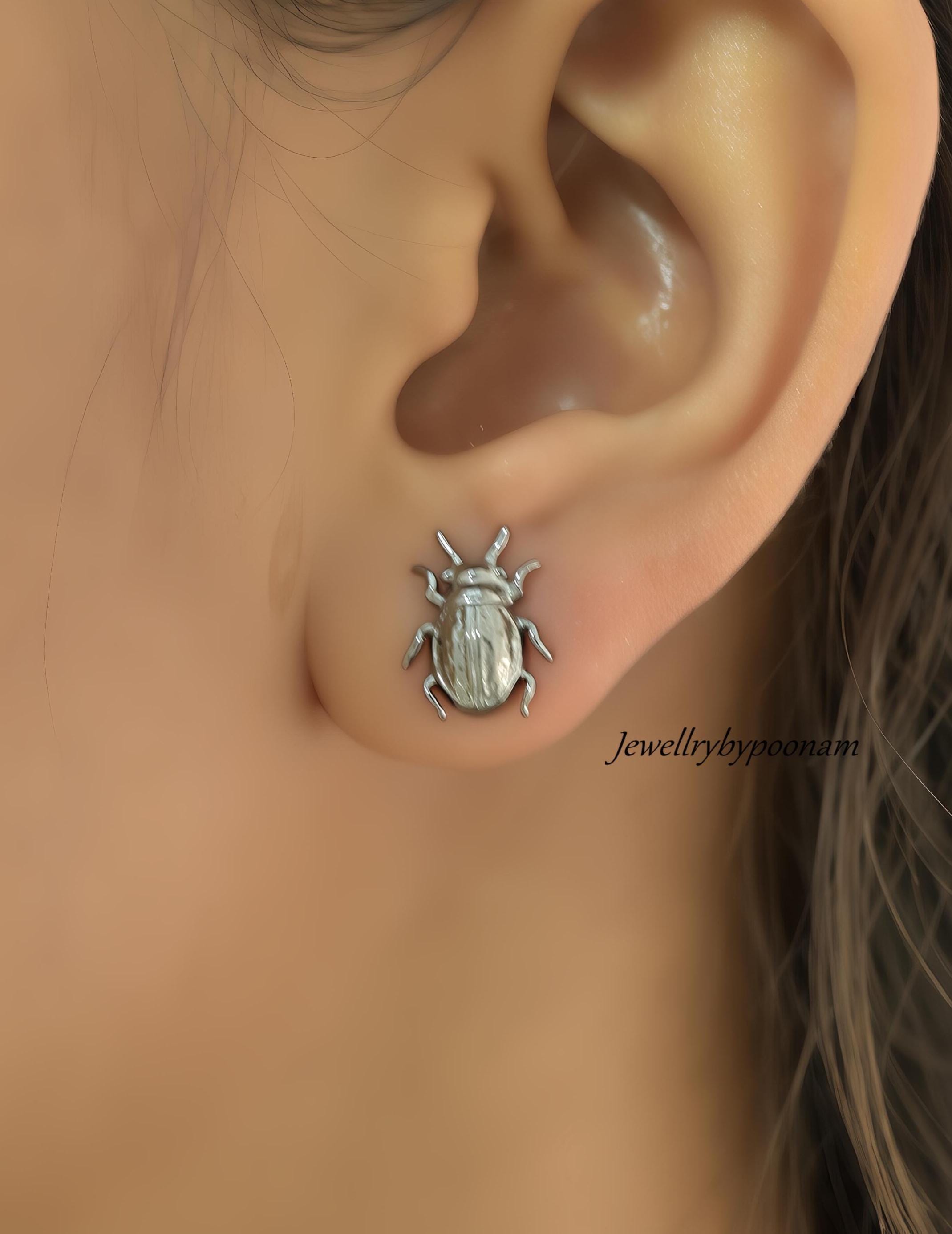 925 Gold Plated Beetle Stud Earrings: Handmade Insect Jewelry (10MM) - View 3 - Jewelry By Poonam | SKU: MJE1777-SLYG-10M 2/2