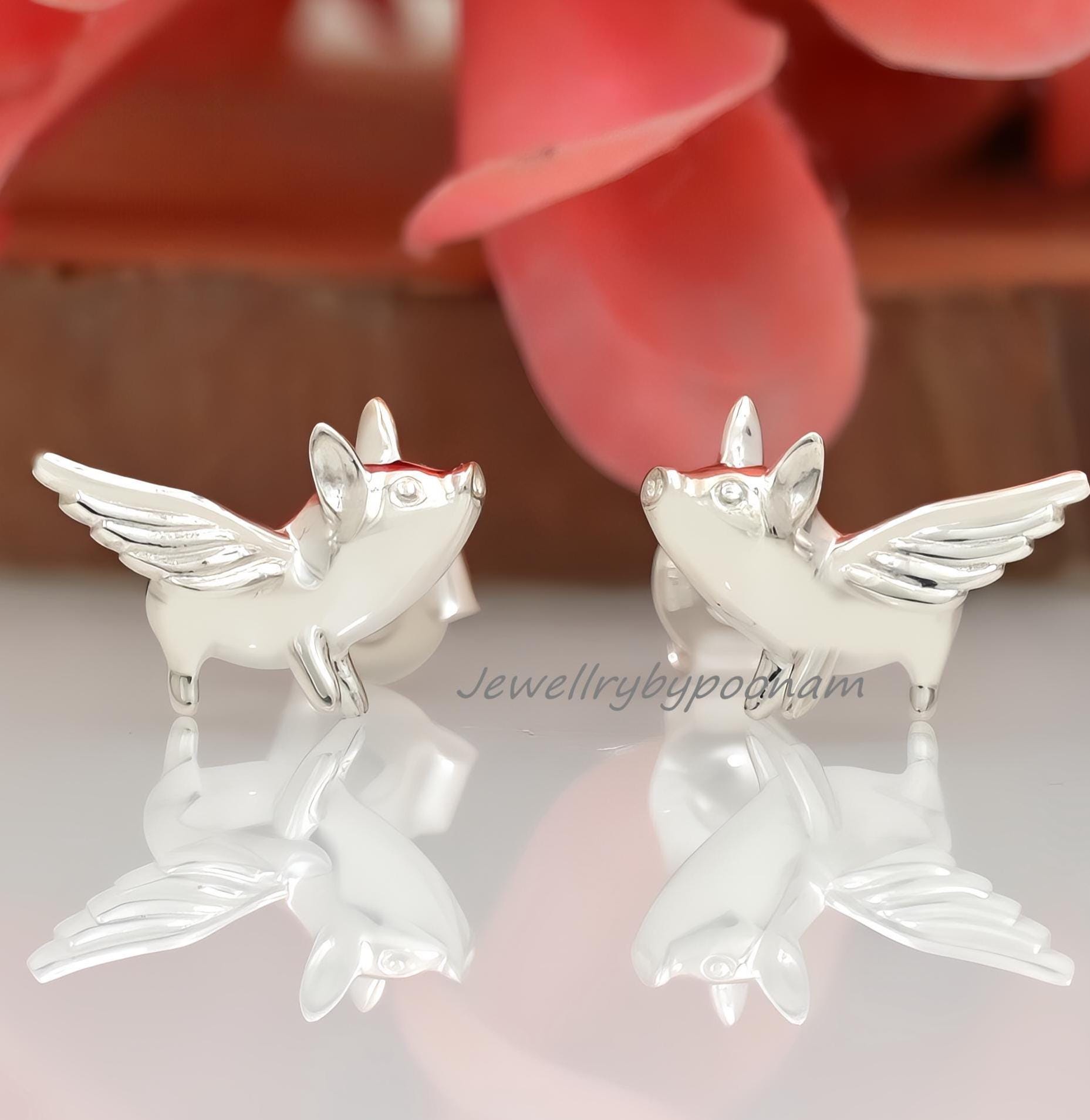 925 Sterling Silver Flying Pig Stud Earrings โ Dainty Animal Jewelry - Jewelry By Poonam | SKU: PJE1809-SLNS-10M 2/2026,PJE1
