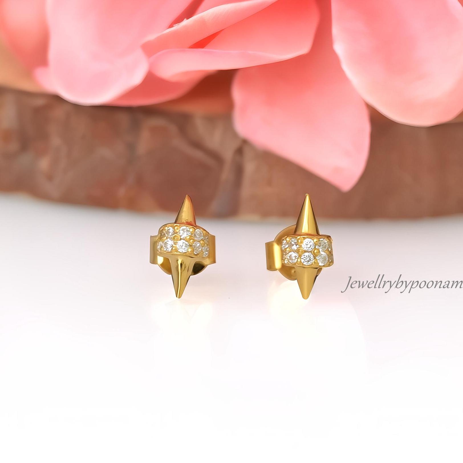 925 Sterling Silver CZ Spike Stud Earrings: Dainty Handmade Jewelry - View 5 - Jewelry By Poonam | SKU: PJE1725-SLNSCZ-10M 2/