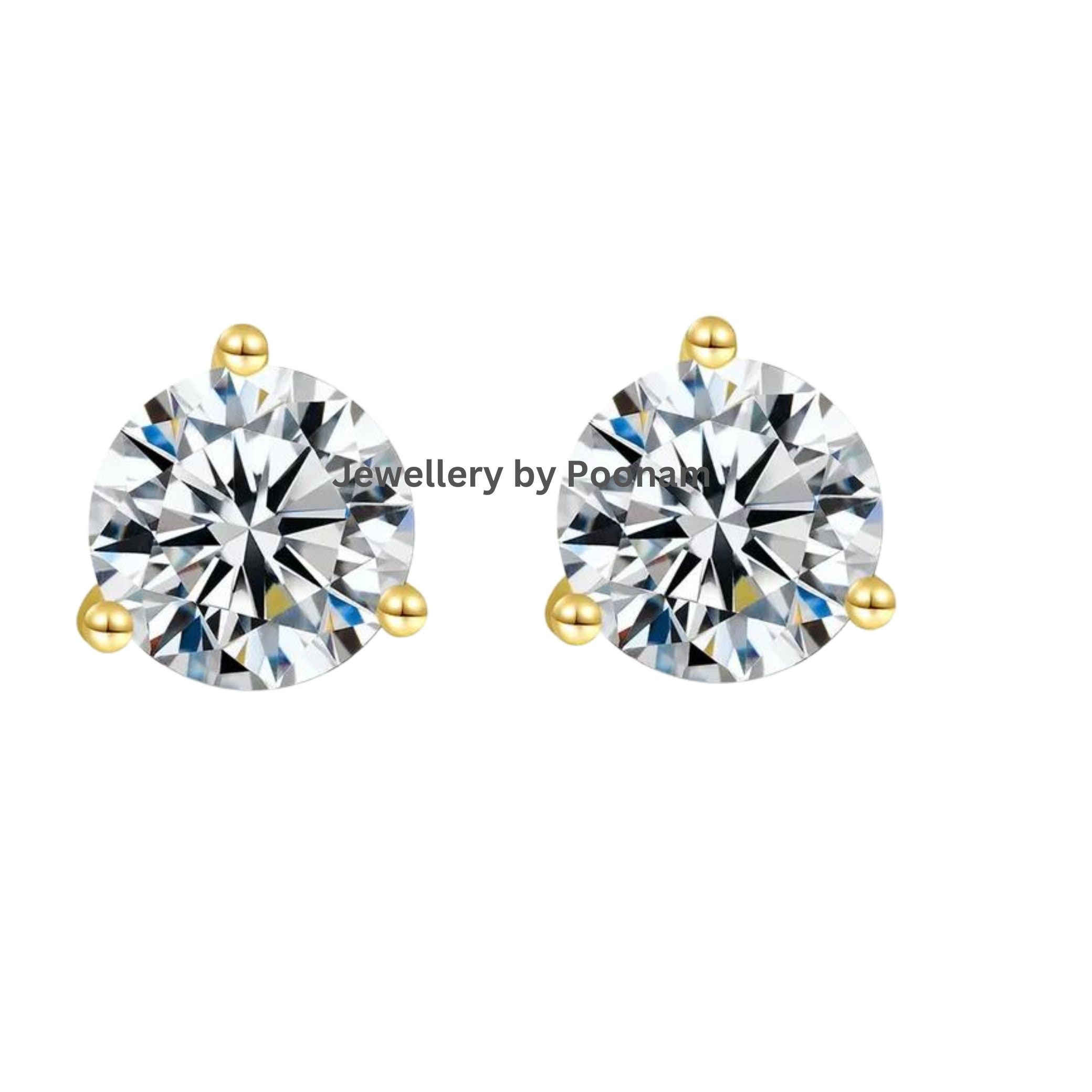9K/14K Yellow Gold & 925 Sterling Round Cut Stud Earrings: Moissanite or CZ - Jewelry By Poonam | SKU: E-113