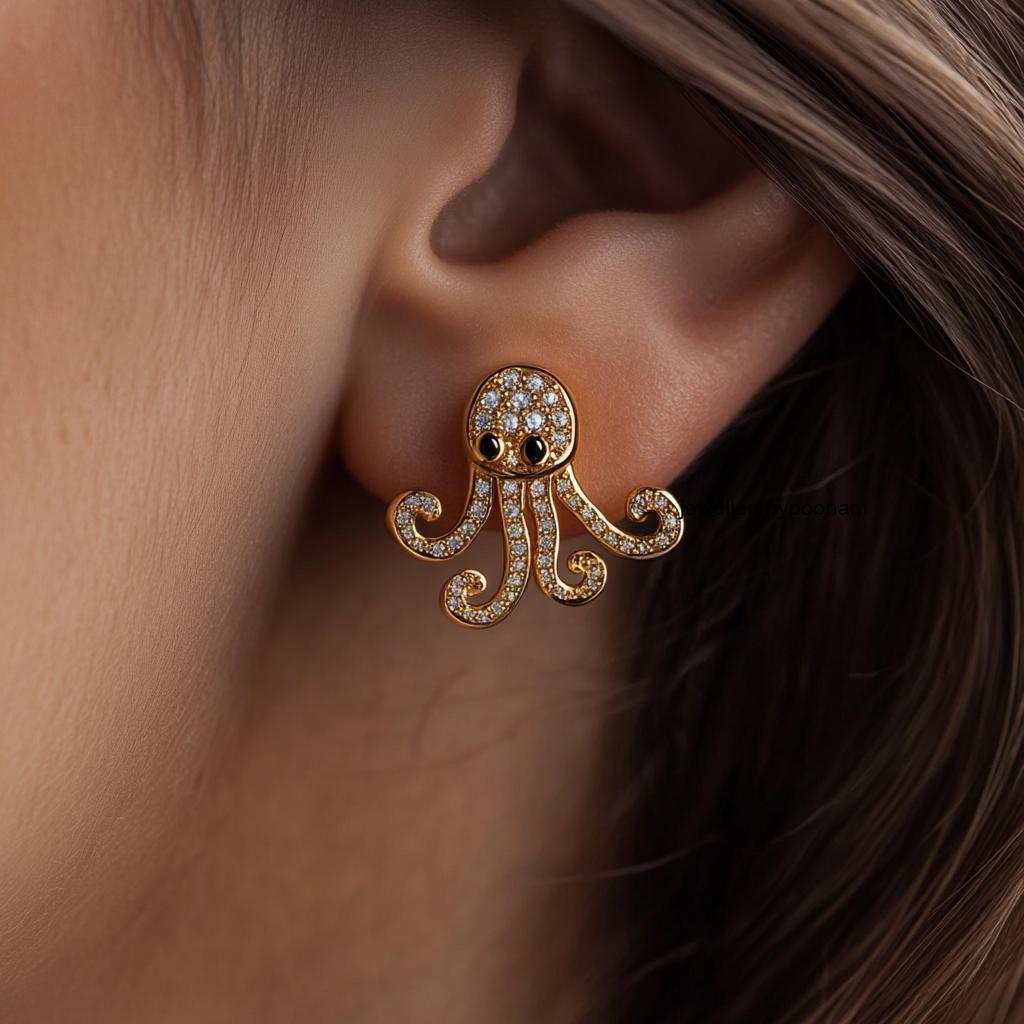 9k/14k Gold & 925 Sterling Silver Octopus Stud Earrings With CZ Black Spinel Eyes - View 2 - Jewelry By Poonam | SKU: PJE1720