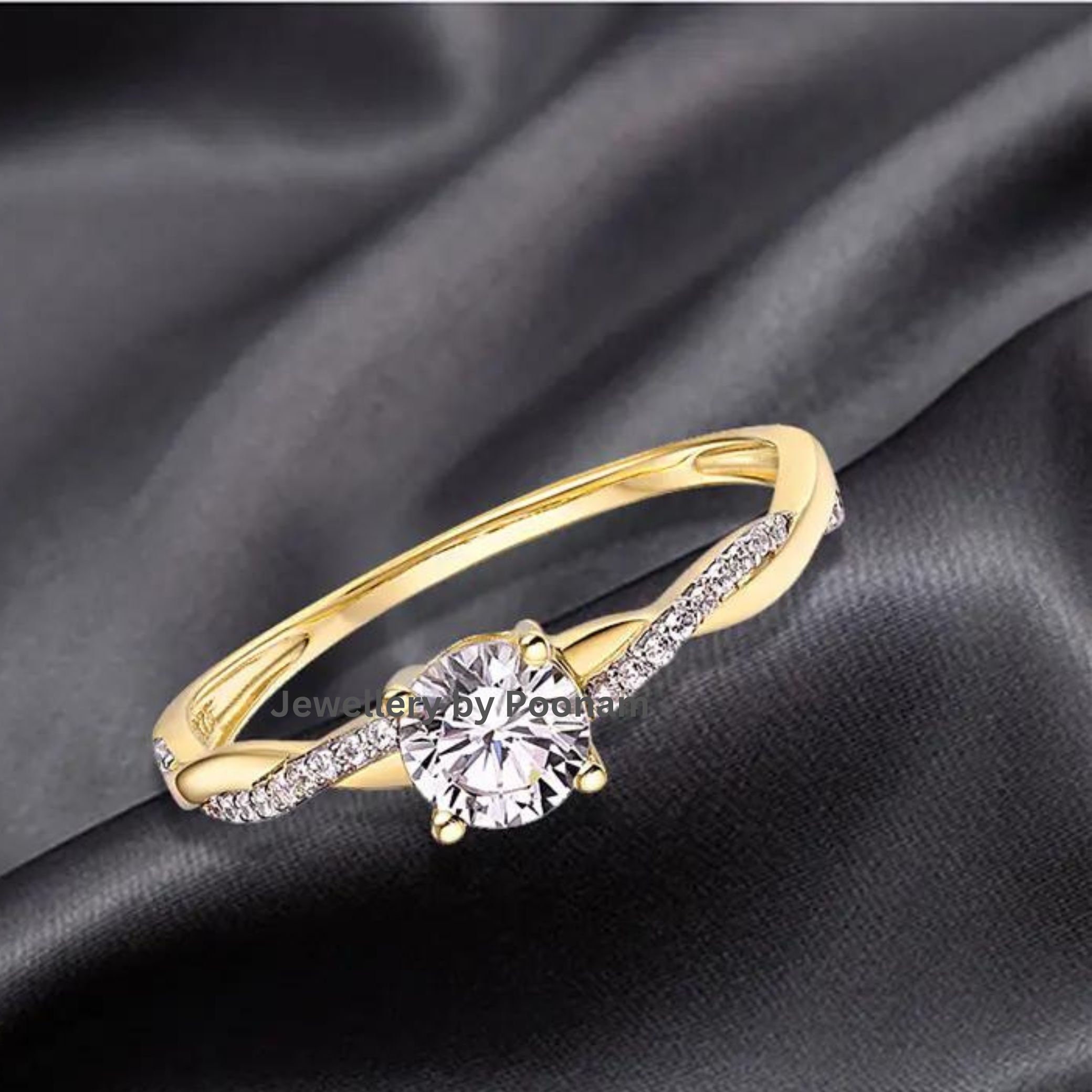 Gold Plated Moissanite Ring, 925 Silver, 14K Gold - View 3 - Jewelry By Poonam | SKU: R-1065