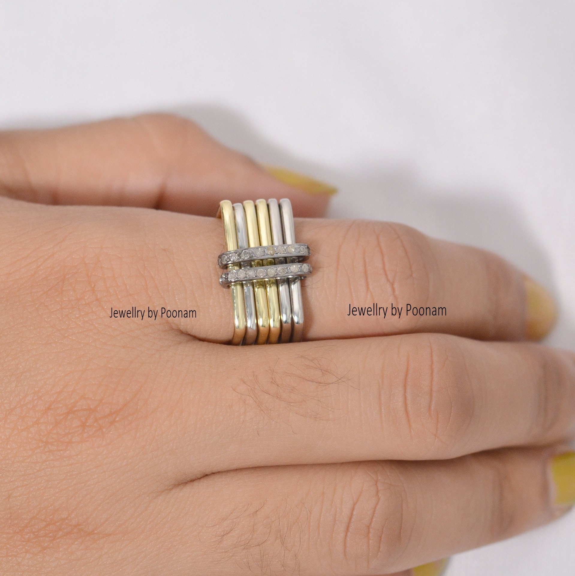925 Silver Multi-Band Stacking Ring Set with Cubic Zirconia Connector - View 2 - Jewelry By Poonam | SKU: PJR985- 2/26