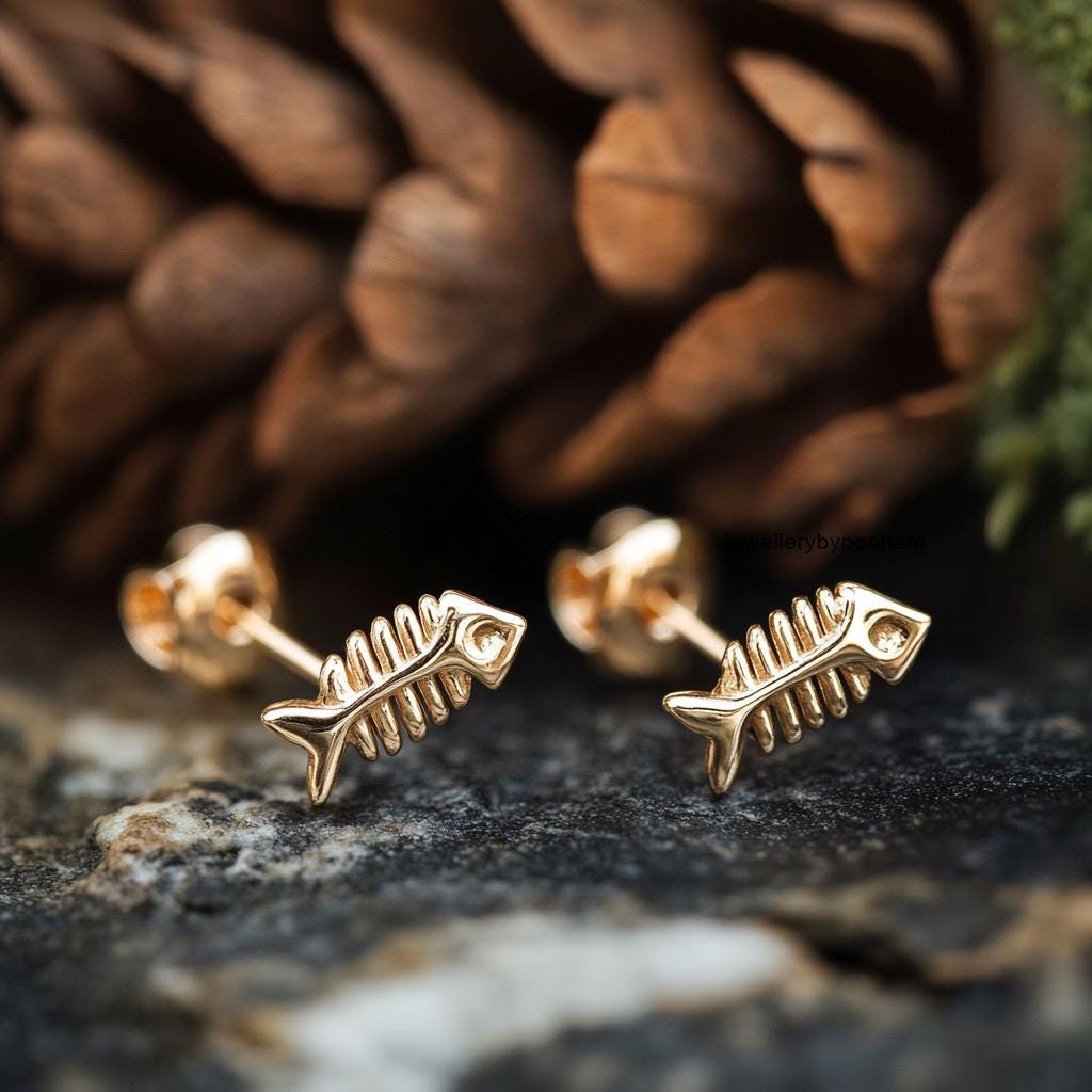 925 Sterling Silver Fishbone Stud Earrings, Tiny Animal Cartilage Jewelry - View 2 - Jewelry By Poonam | SKU: PJE1814-SLYG-10