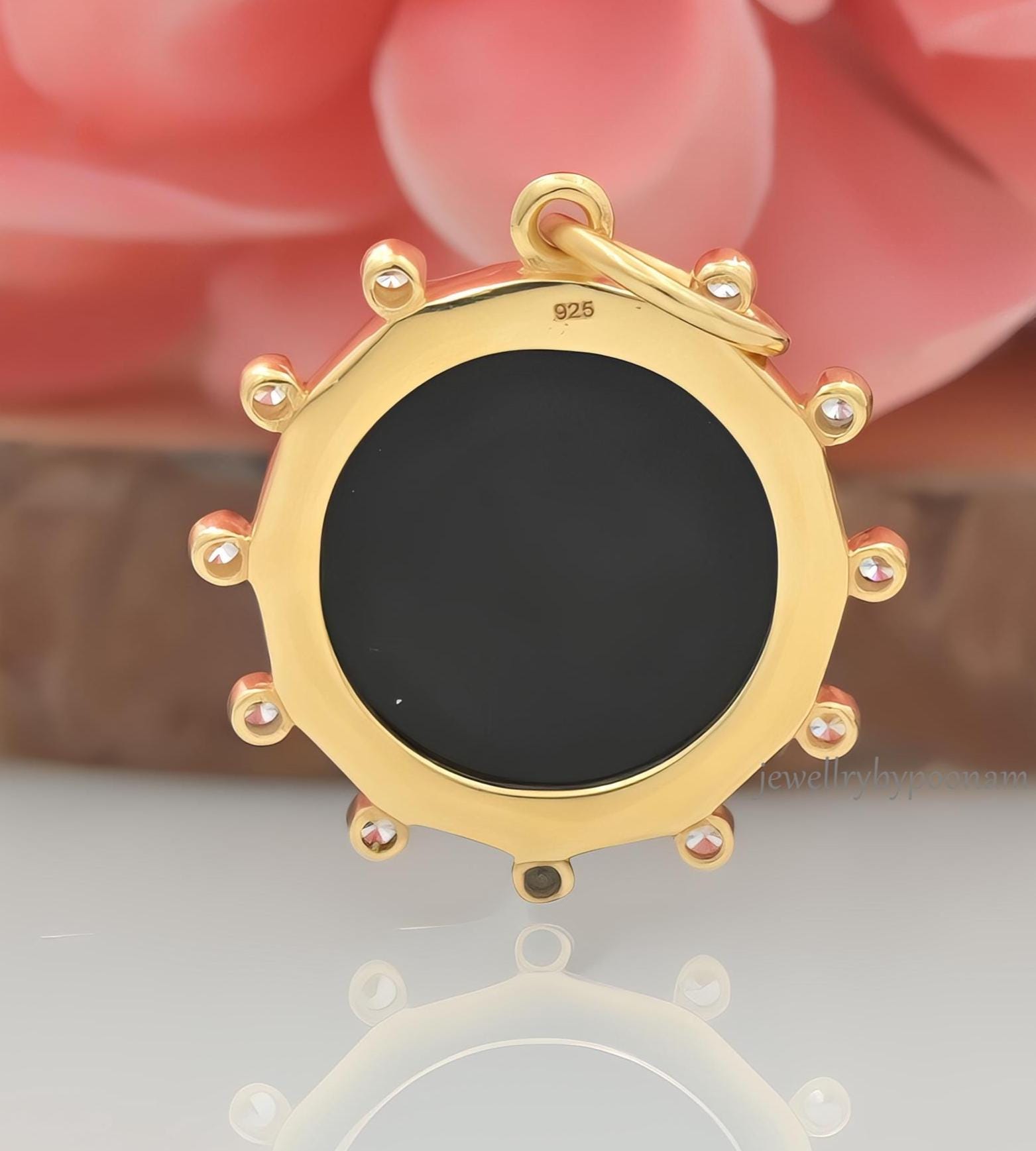 Starburst Medallion Sterling Silver Pendant: Black Enamel CZ Charm - View 2 - Jewelry By Poonam | SKU: PJP4723-SLYGCZELBK-25M