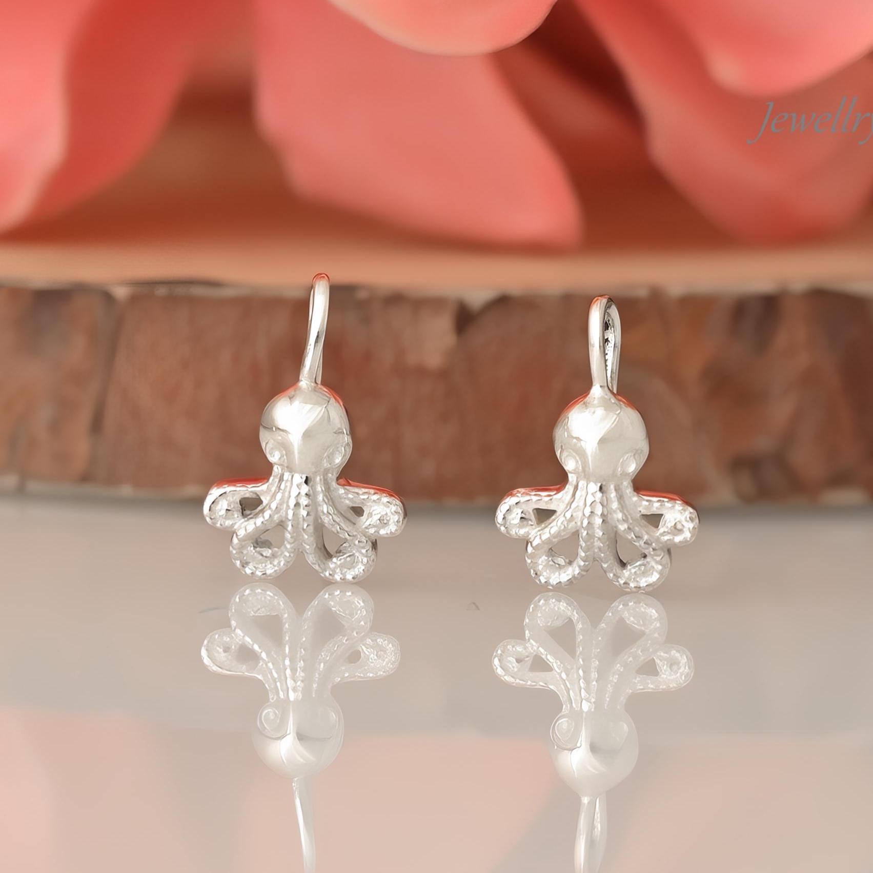 925 Sterling Silver Gold Octopus Earrings, Dainty Silver Stud - Jewelry By Poonam | SKU: PJE1962-SLNS-12M 2/26