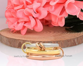 14K yellow gold and silver multi-band ring, plain silver connector link band ring plain link band ring jewelry