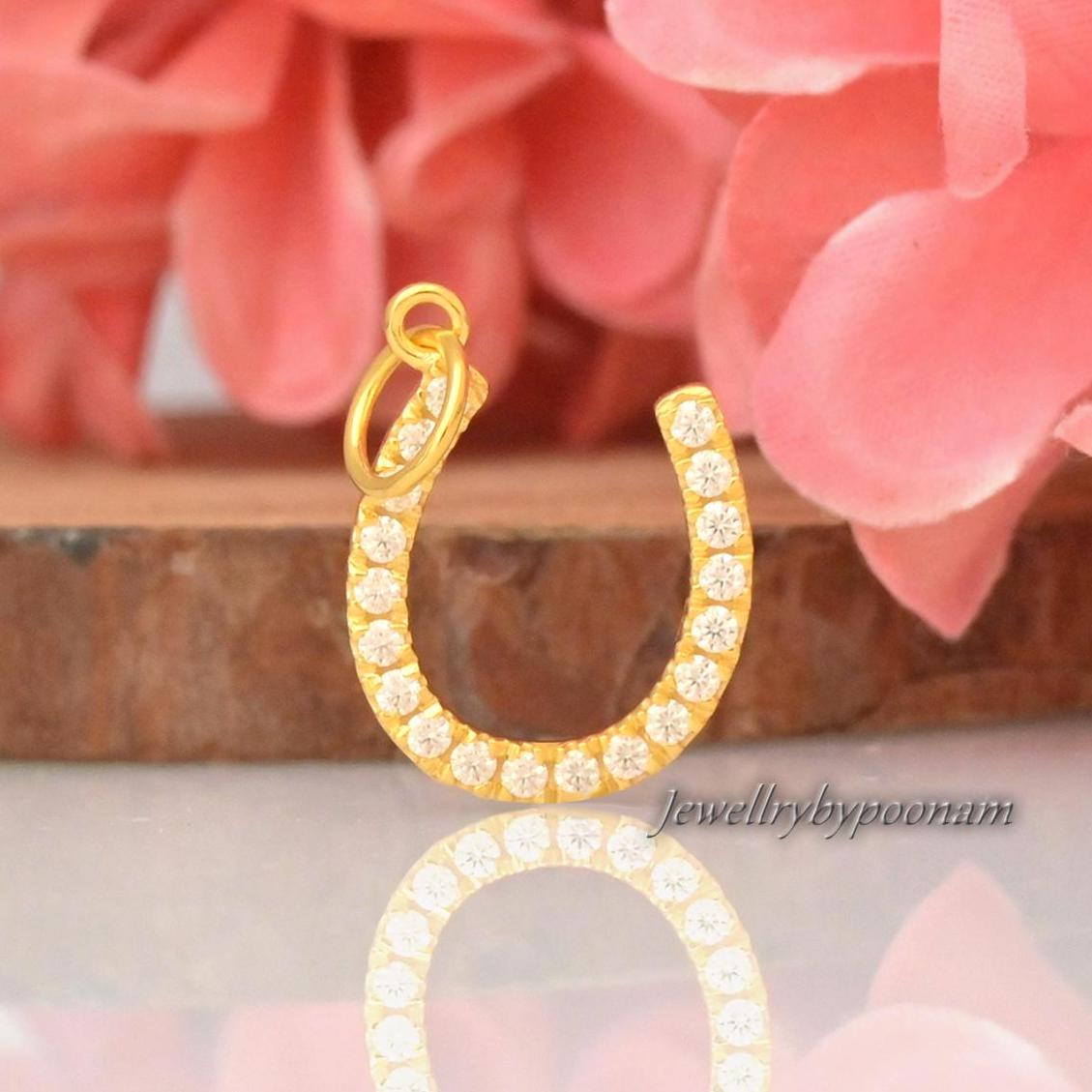 14K Gold Diamond Horseshoe Charm: Dainty Lucky Pendant - Jewelry By Poonam | SKU: PJP4782-SLYGCZ-30M 2/26