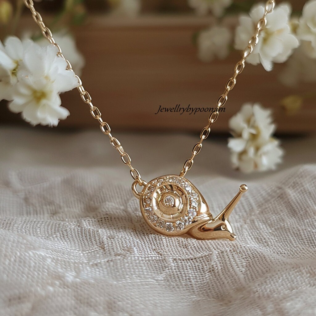 14k Gold Plated Snail Necklace: Sterling Silver Diamond Animal Pendant - View 2 - Jewelry By Poonam | SKU: PJN1054-SLRGPSP-16