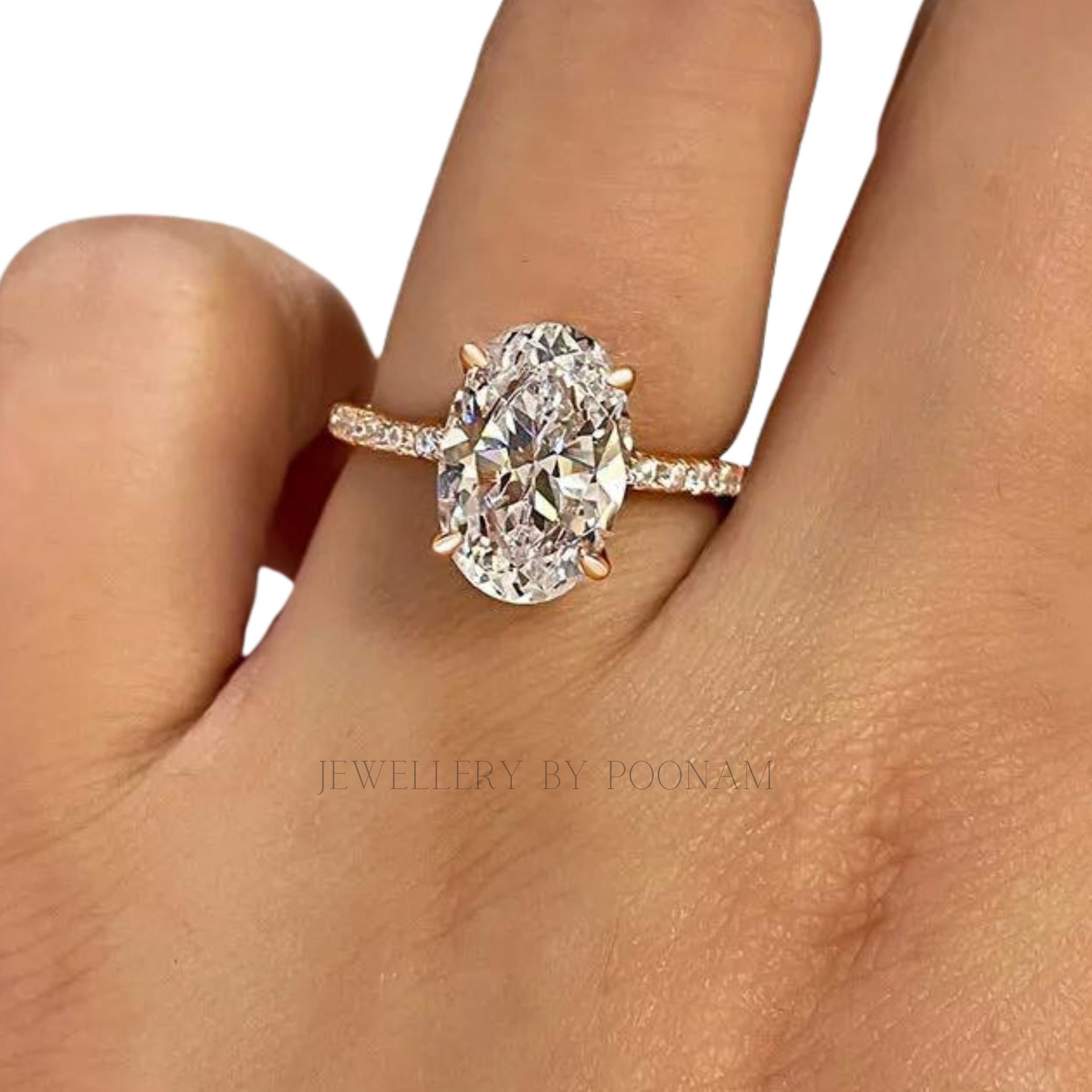 Oval Cut Simulated Diamond Engagement Ring – Sterling Silver White Gold Plated Bridal Ring - View 2 - Jewelry By Poonam | SKU