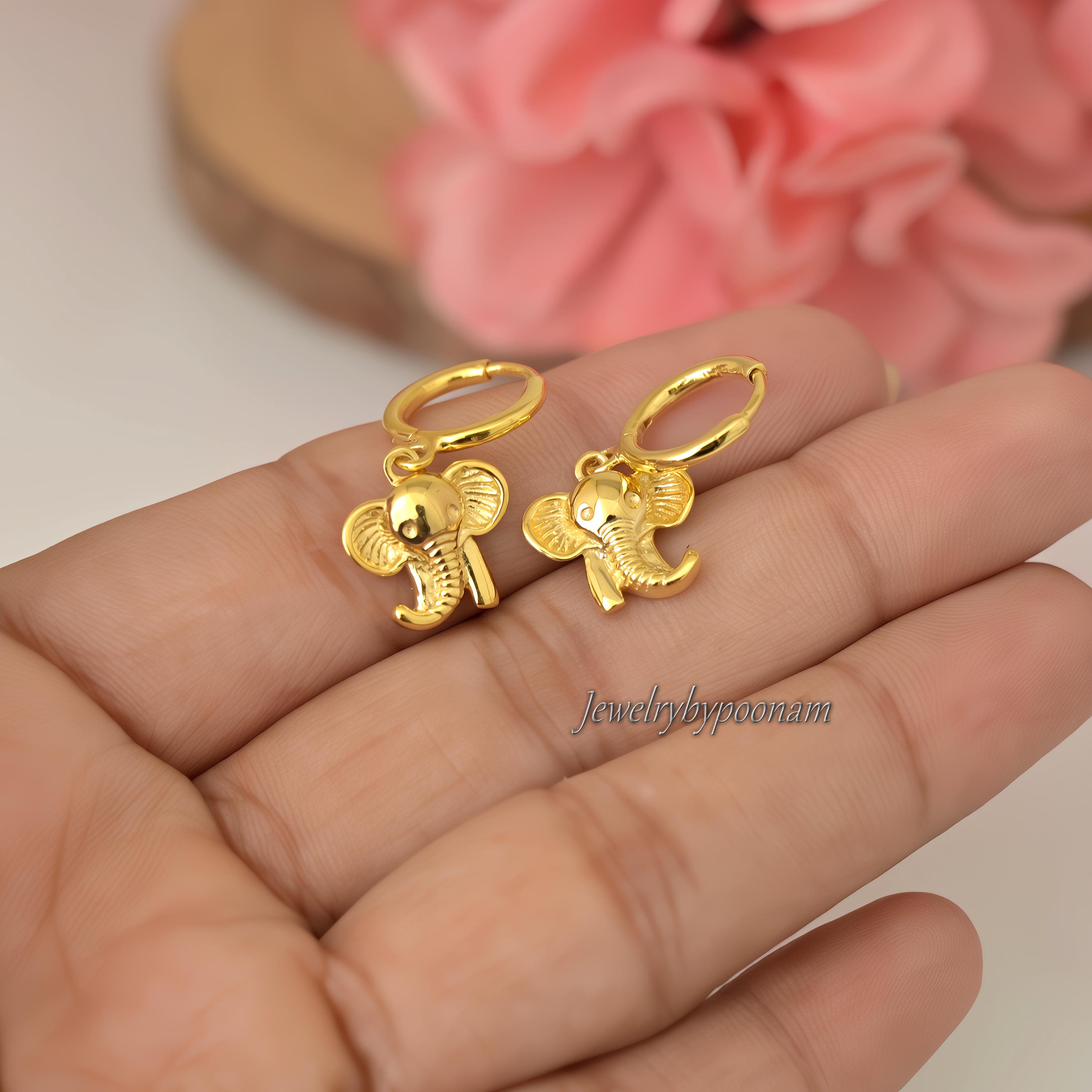 925 Gold Plated Elephant Hoop Earrings: Sterling Silver Dangle Huggies - Jewelry By Poonam | SKU: PJE1868-SLYG-10M 2/2026