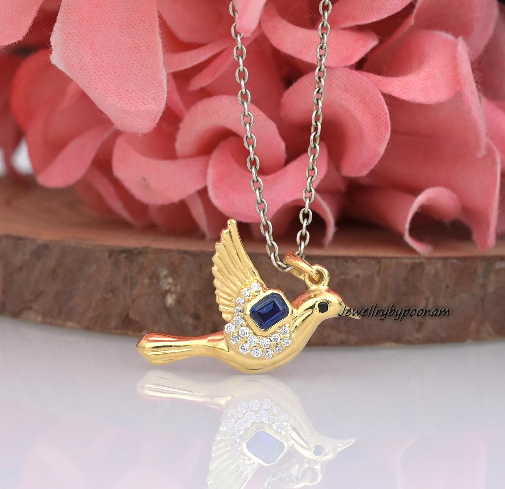 14k Gold Gemstone Bird Pendant: Sterling Silver Turquoise Jewelry - Jewelry By Poonam | SKU: PJP4242-SLYGBSPCZBS-25M 2/26