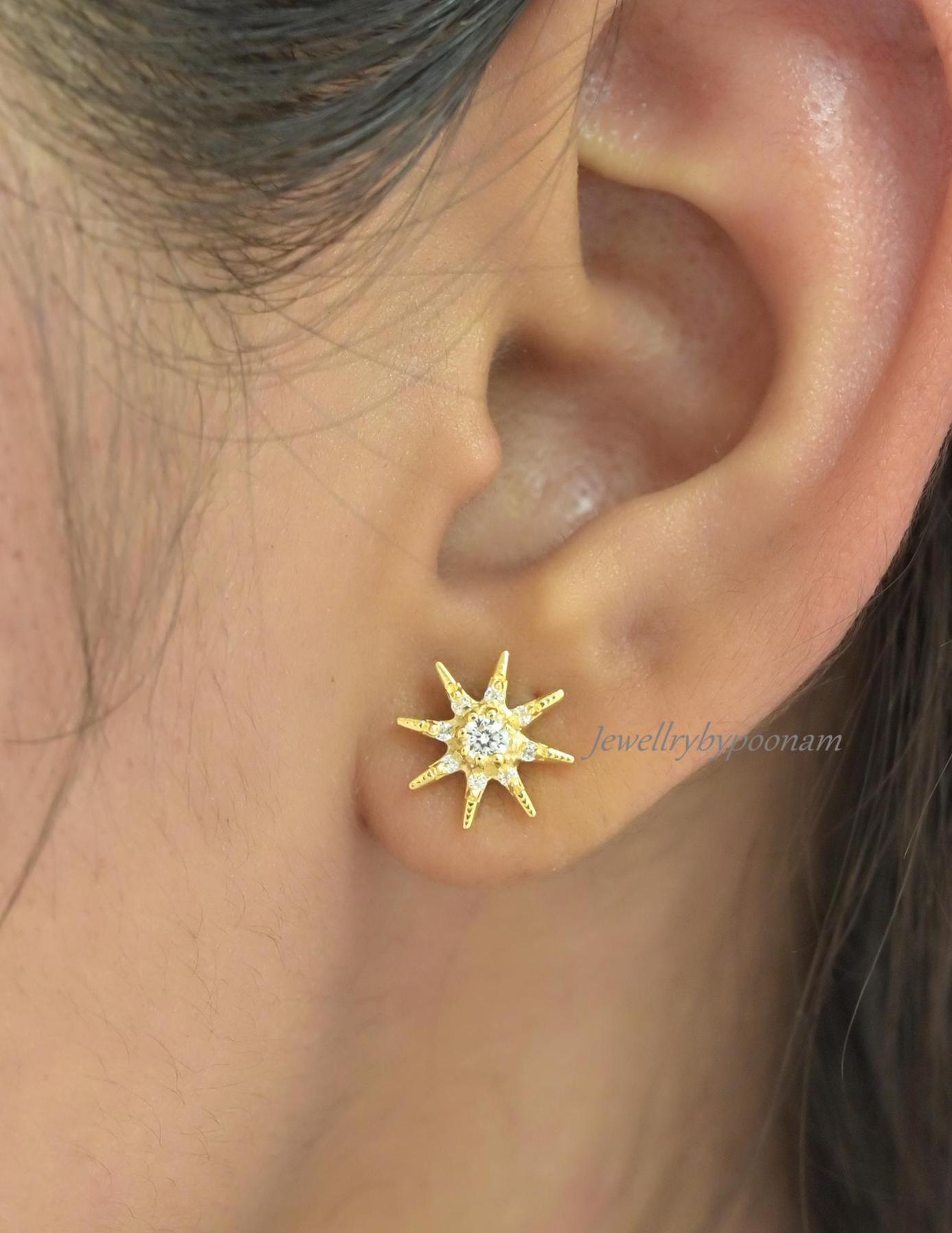 925 Sterling Silver Moissanite Star Stud Earrings: Dainty Silver Starburst - View 2 - Jewelry By Poonam | SKU: PJE2024-SLYGCZ