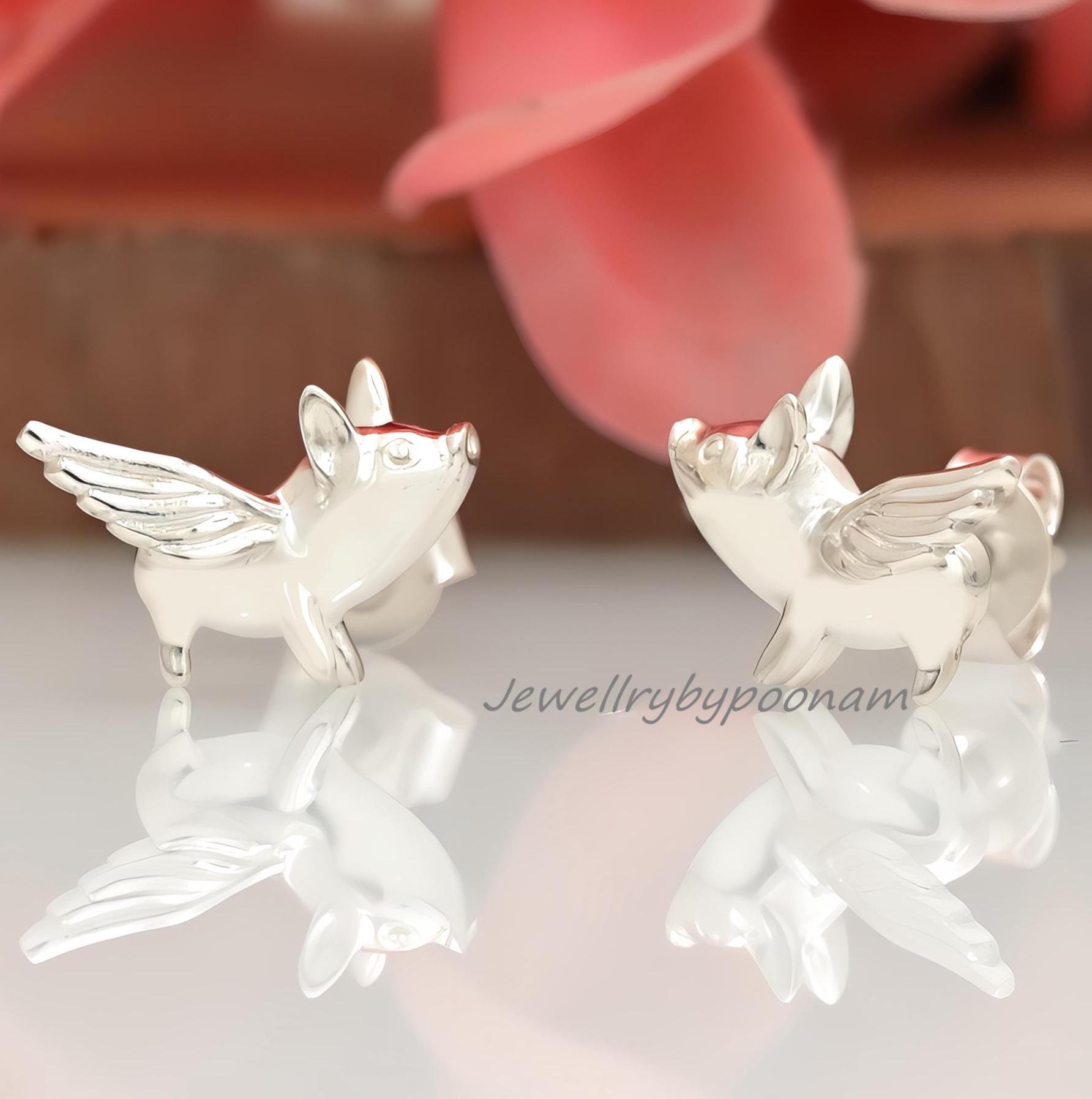 925 Sterling Silver Flying Pig Stud Earrings โ Dainty Animal Jewelry - View 2 - Jewelry By Poonam | SKU: PJE1809-SLNS-10M 2/