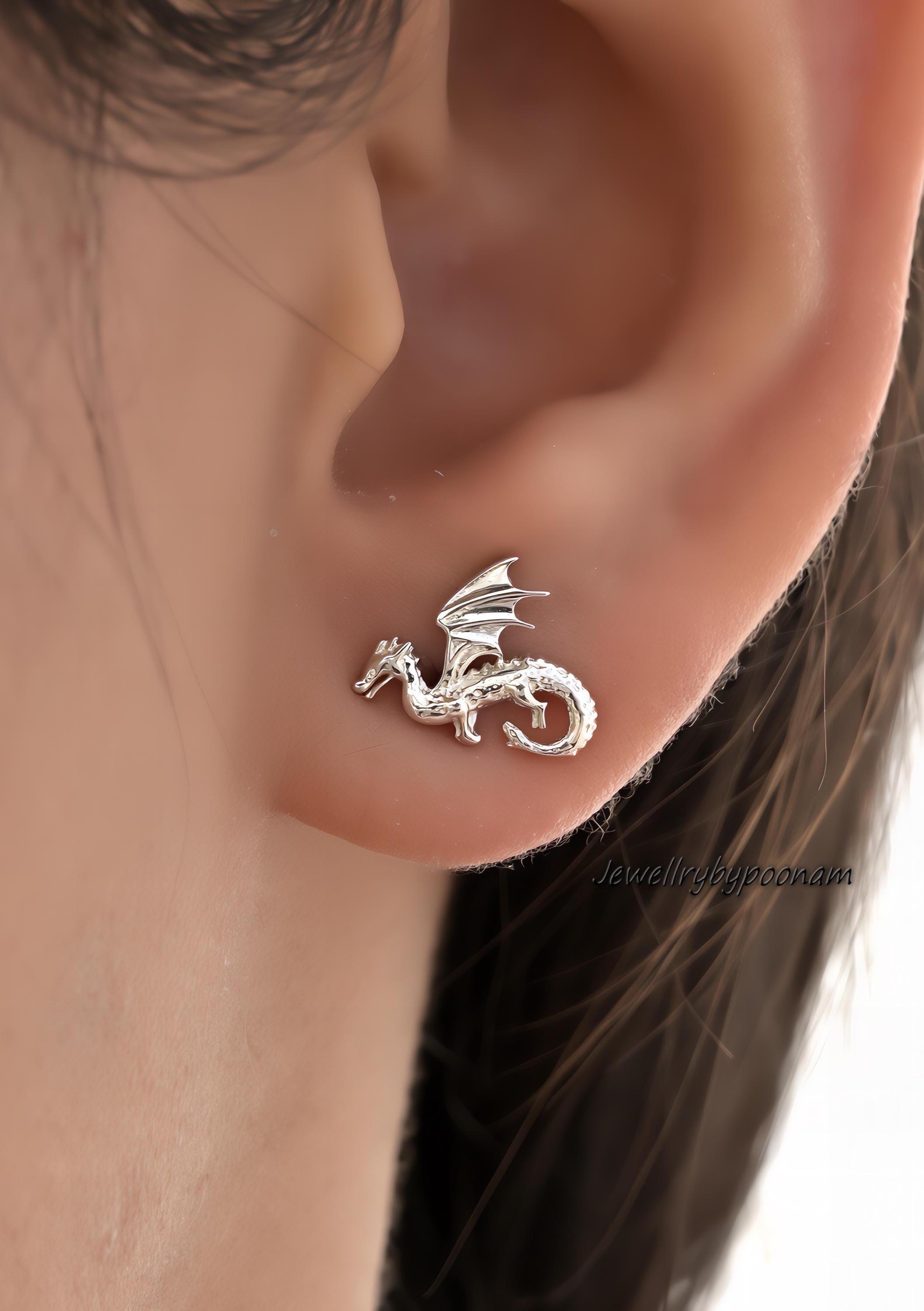 9k/14k Sterling Silver Flying Dragon Stud Earrings: Tiny Dragon Earring Flat Back - View 3 - Jewelry By Poonam | SKU: PJE1691