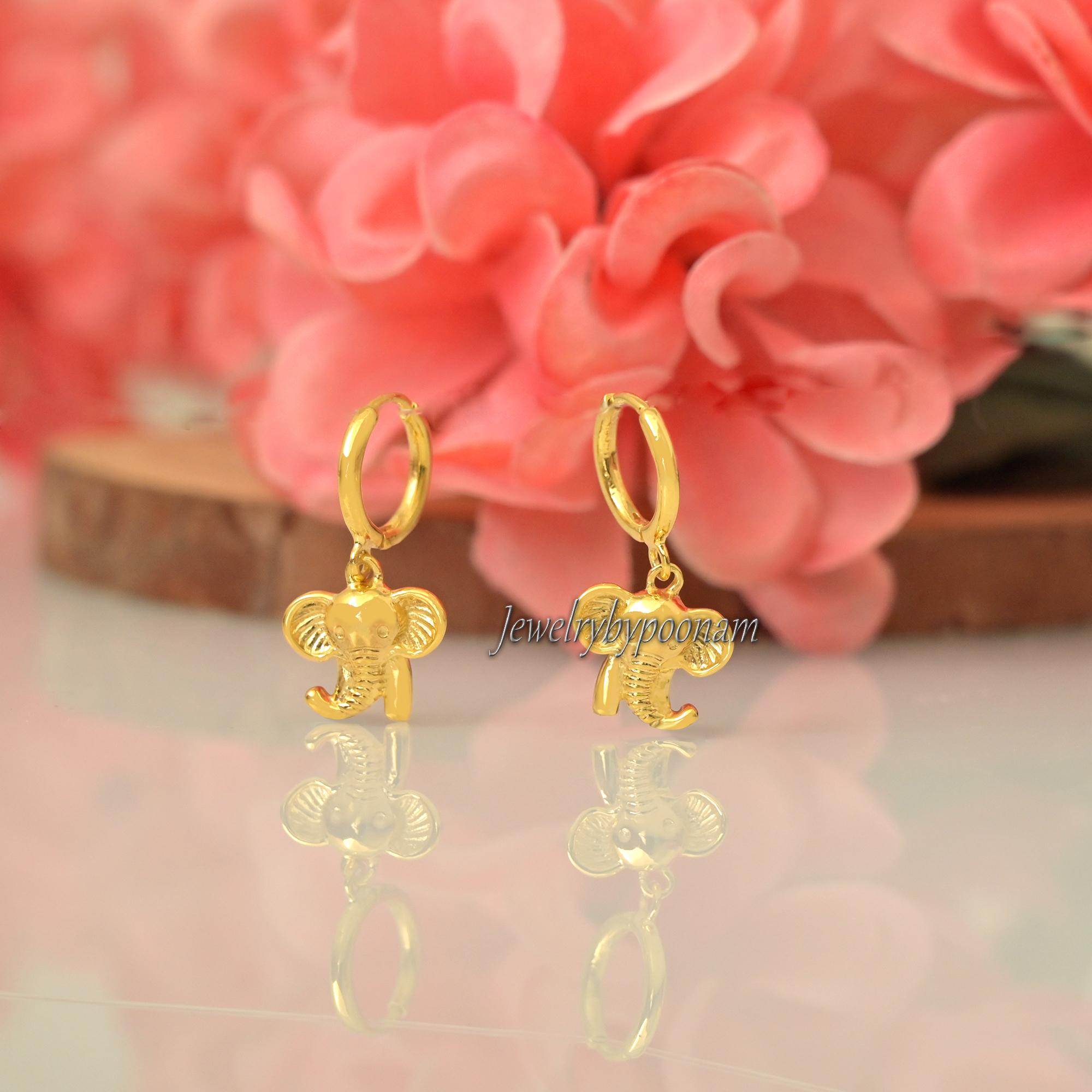 925 Gold Plated Elephant Hoop Earrings: Sterling Silver Dangle Huggies - View 3 - Jewelry By Poonam | SKU: PJE1868-SLYG-10M 2