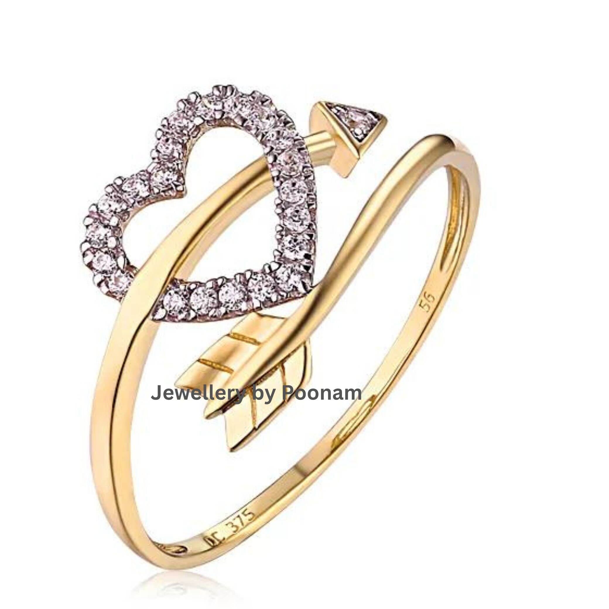 Sterling Silver Arrow Heart CZ Ring - 14K Gold Plated - Moissanite Accent - View 3 - Jewelry By Poonam | SKU: R-1060