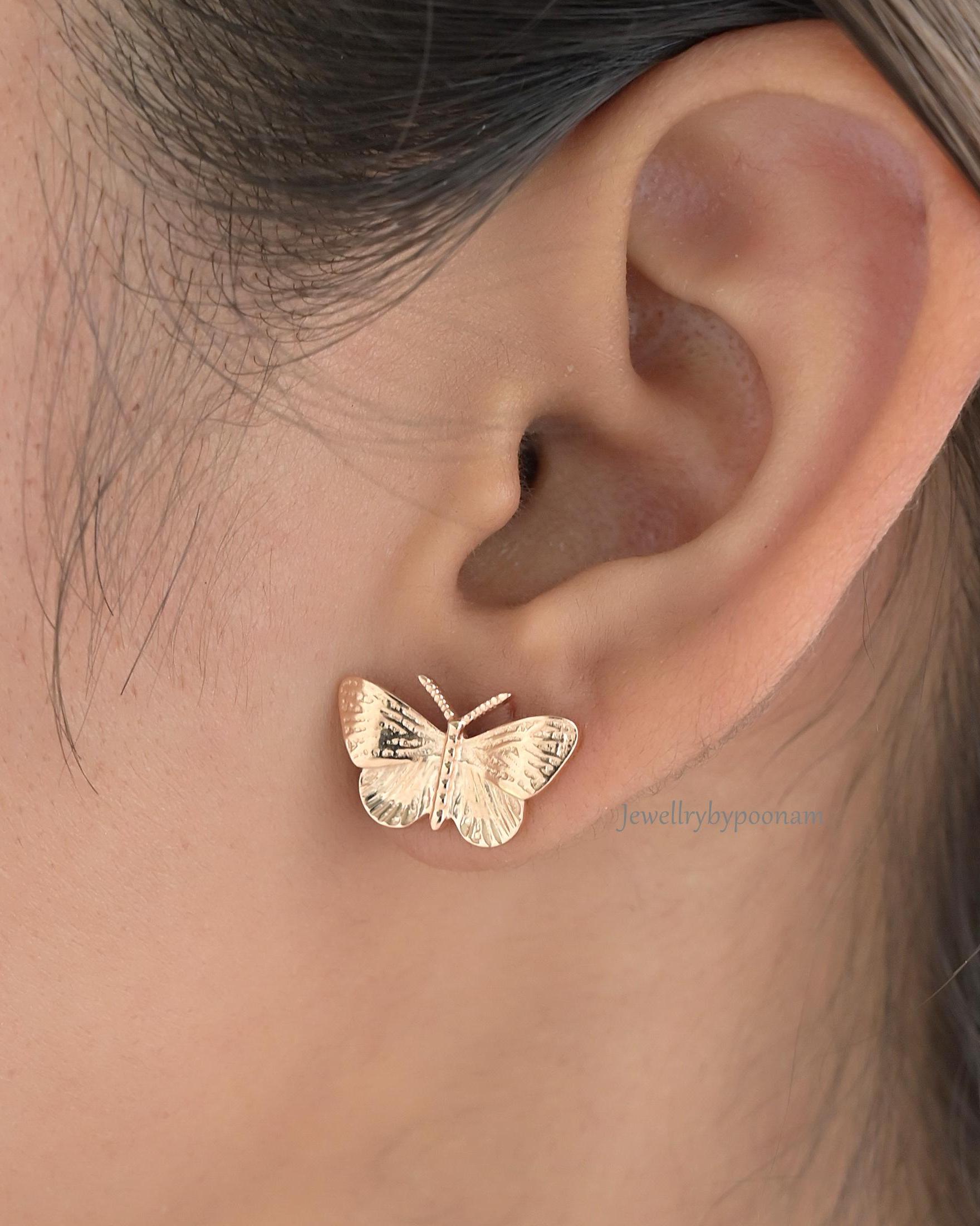 Tiny Butterfly Stud Earrings in 925 Sterling Silver — Handmade & Delicate - View 2 - Jewelry By Poonam | SKU: PJE1997 2/26
