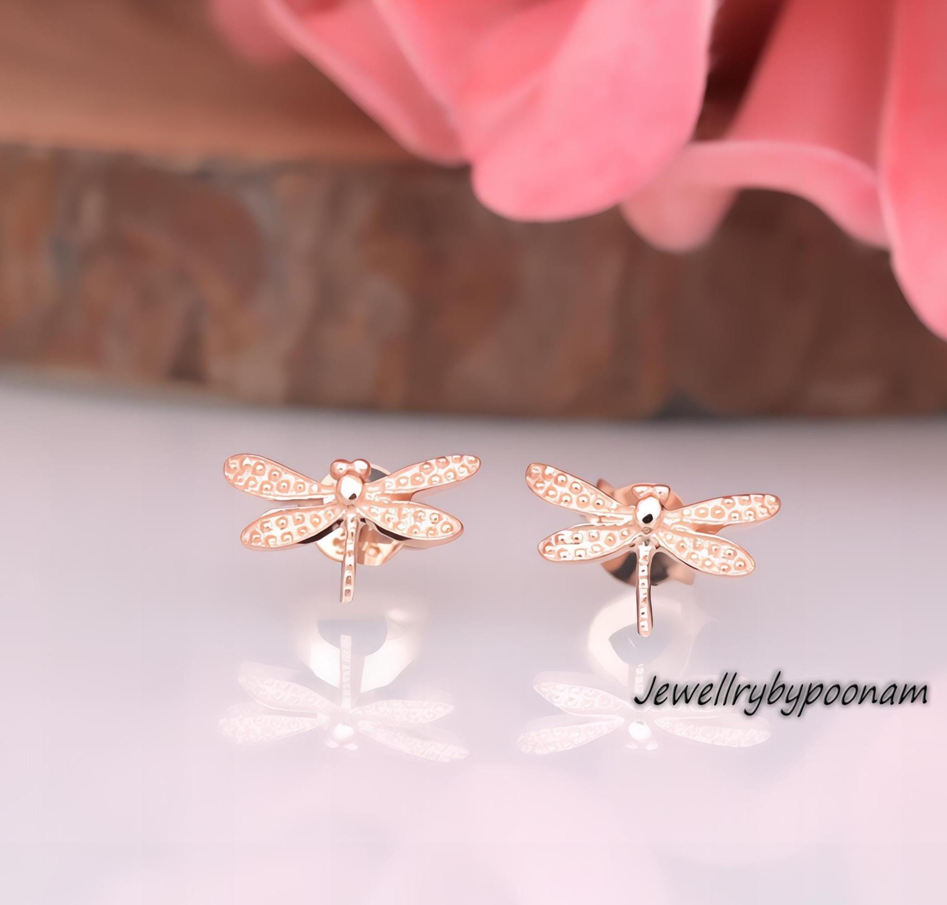 Dragonfly Stud Earrings – 9K Gold or Sterling Silver, Dainty Nature Jewelry - View 3 - Jewelry By Poonam | SKU: PJE1724-SLYG-